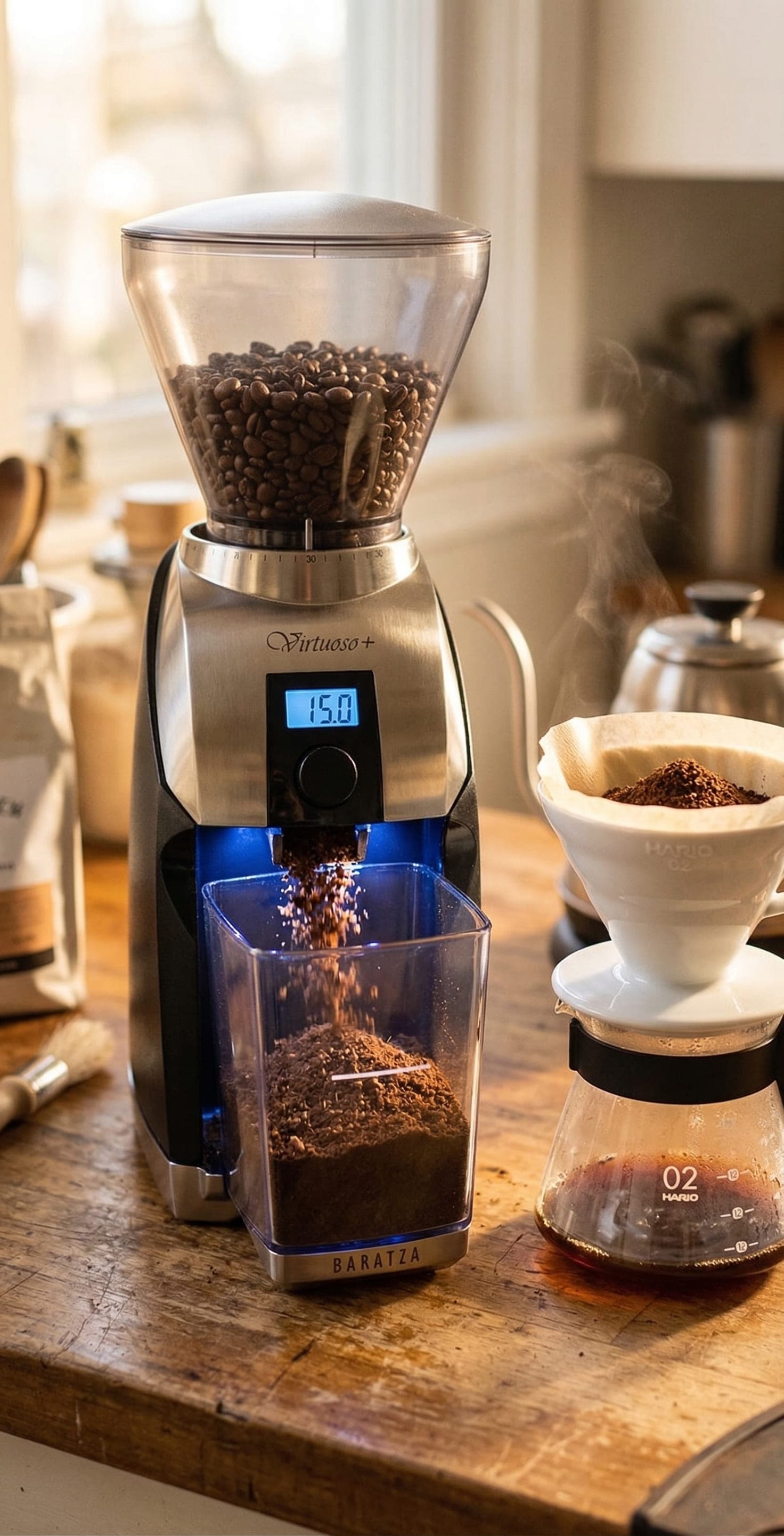 Baratza Virtuoso+ grinding a medium setting for pour-over filter coffee