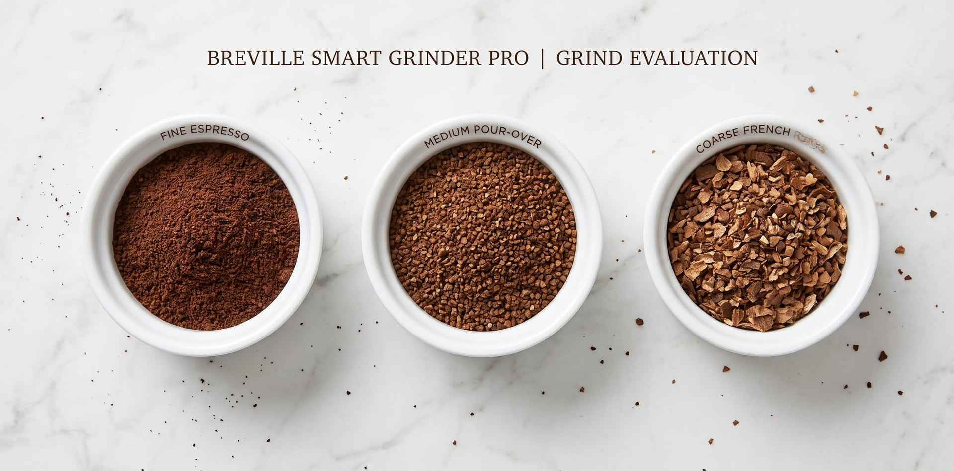 Breville Smart Grinder Pro grind consistency comparison across espresso and filter settings showing uniform particle distribution from 60-setting conical burr grinder
