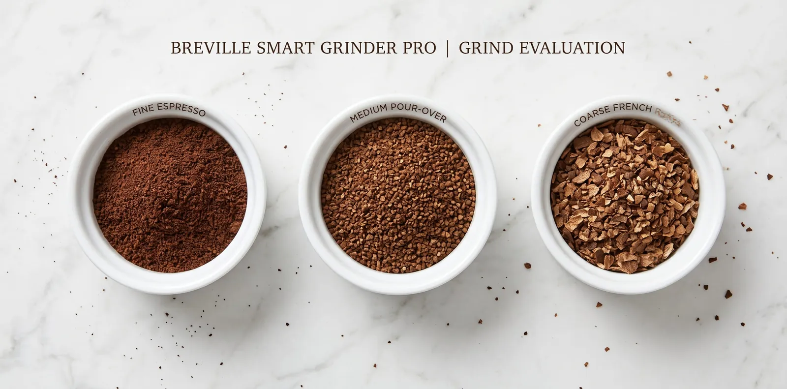 Breville Smart Grinder Pro grounds at espresso and filter settings compared side by side