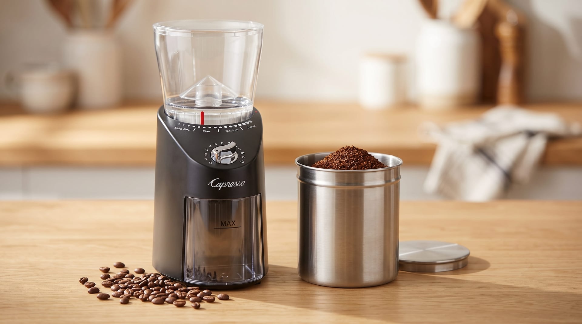 Capresso Infinity Plus conical burr grinder grounds in commercial-style metal container medium grind pour-over