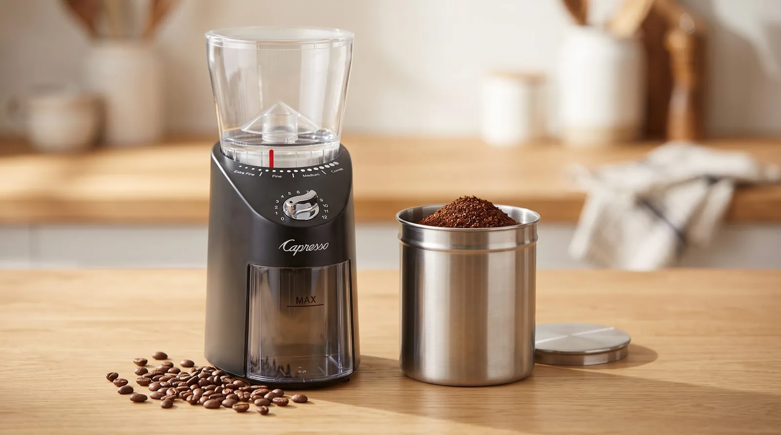 Capresso Infinity Plus metal grounds container holding a medium grind for pour-over