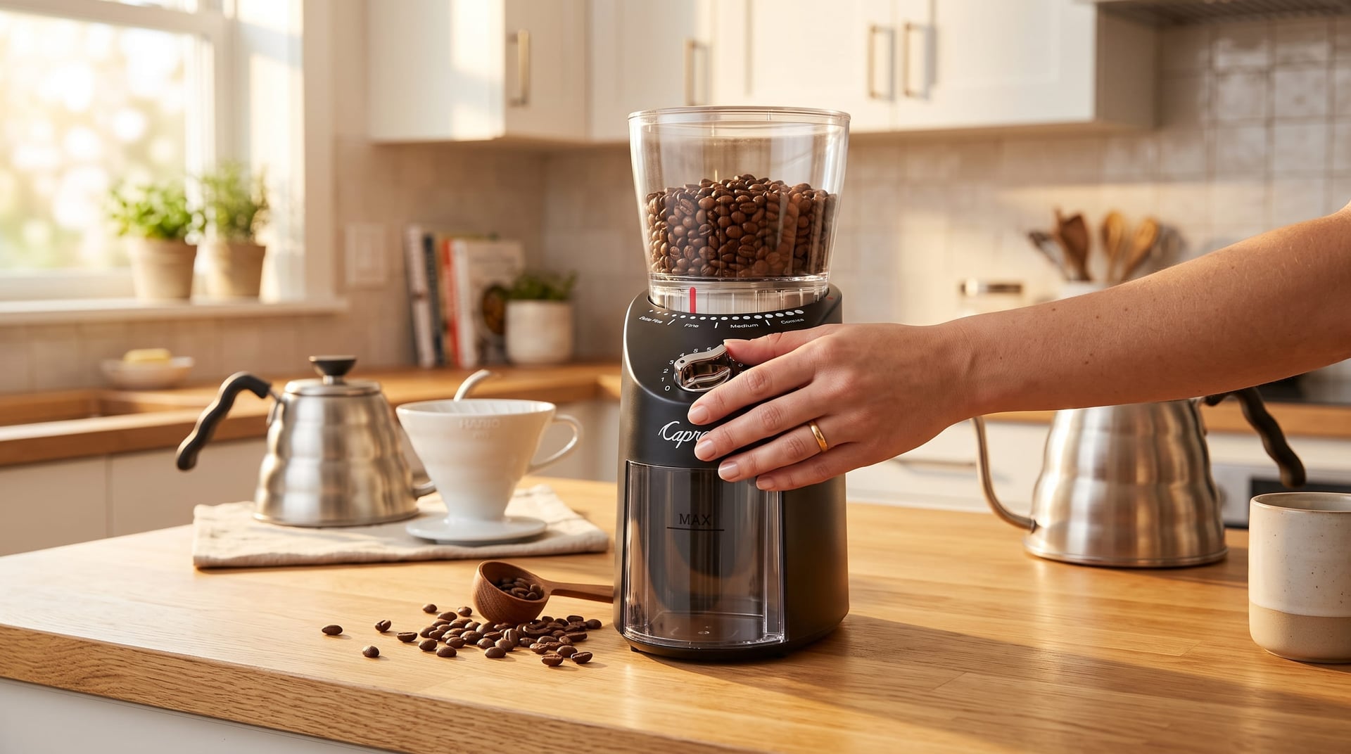 Capresso Infinity Plus conical burr grinder in use morning kitchen lifestyle coffee grinding routine
