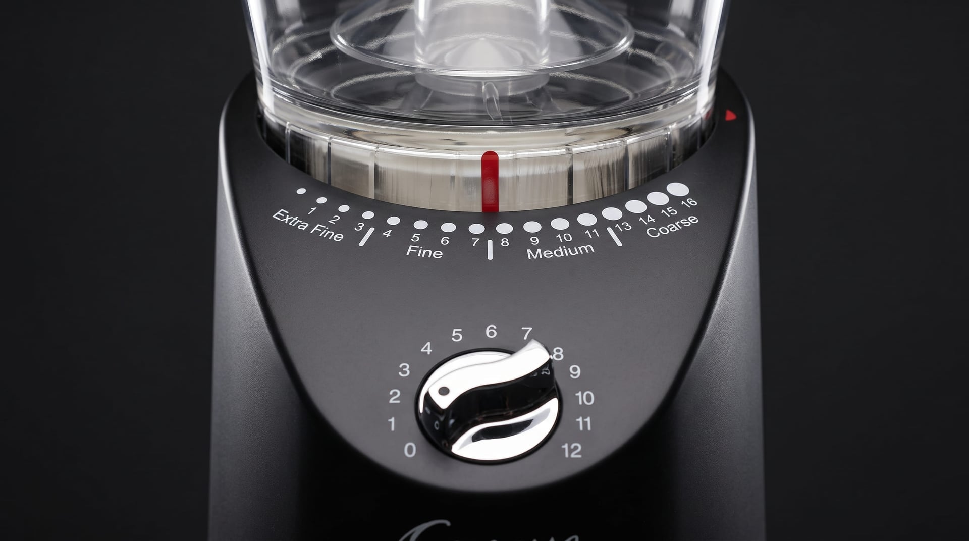 Capresso Infinity Plus 16 grind settings selector dial showing extra-fine to coarse range