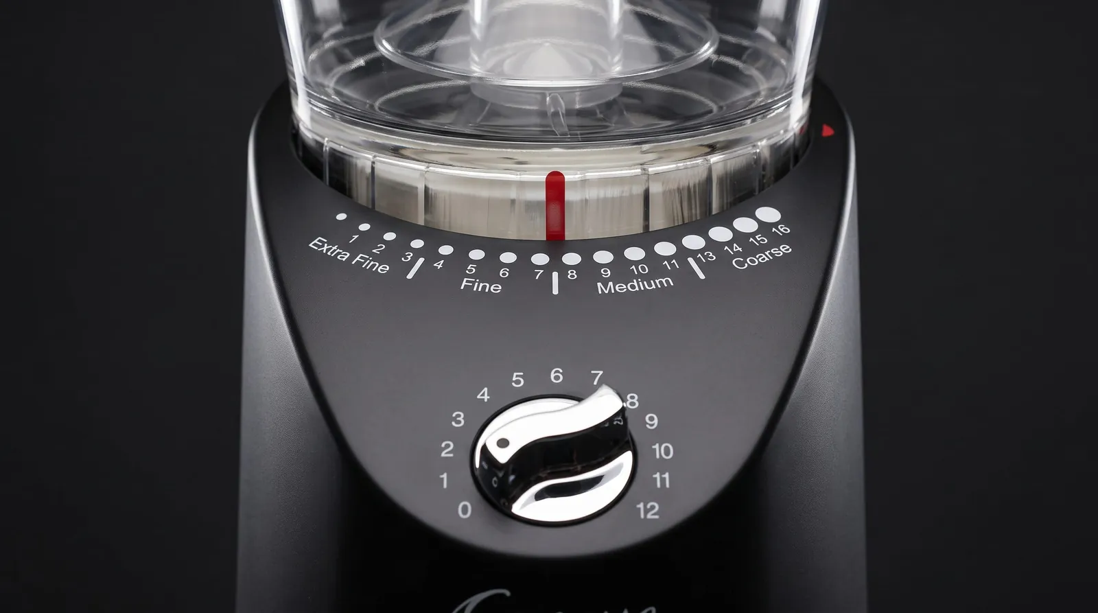 Capresso Infinity Plus grind selector dial showing the range from extra fine to coarse