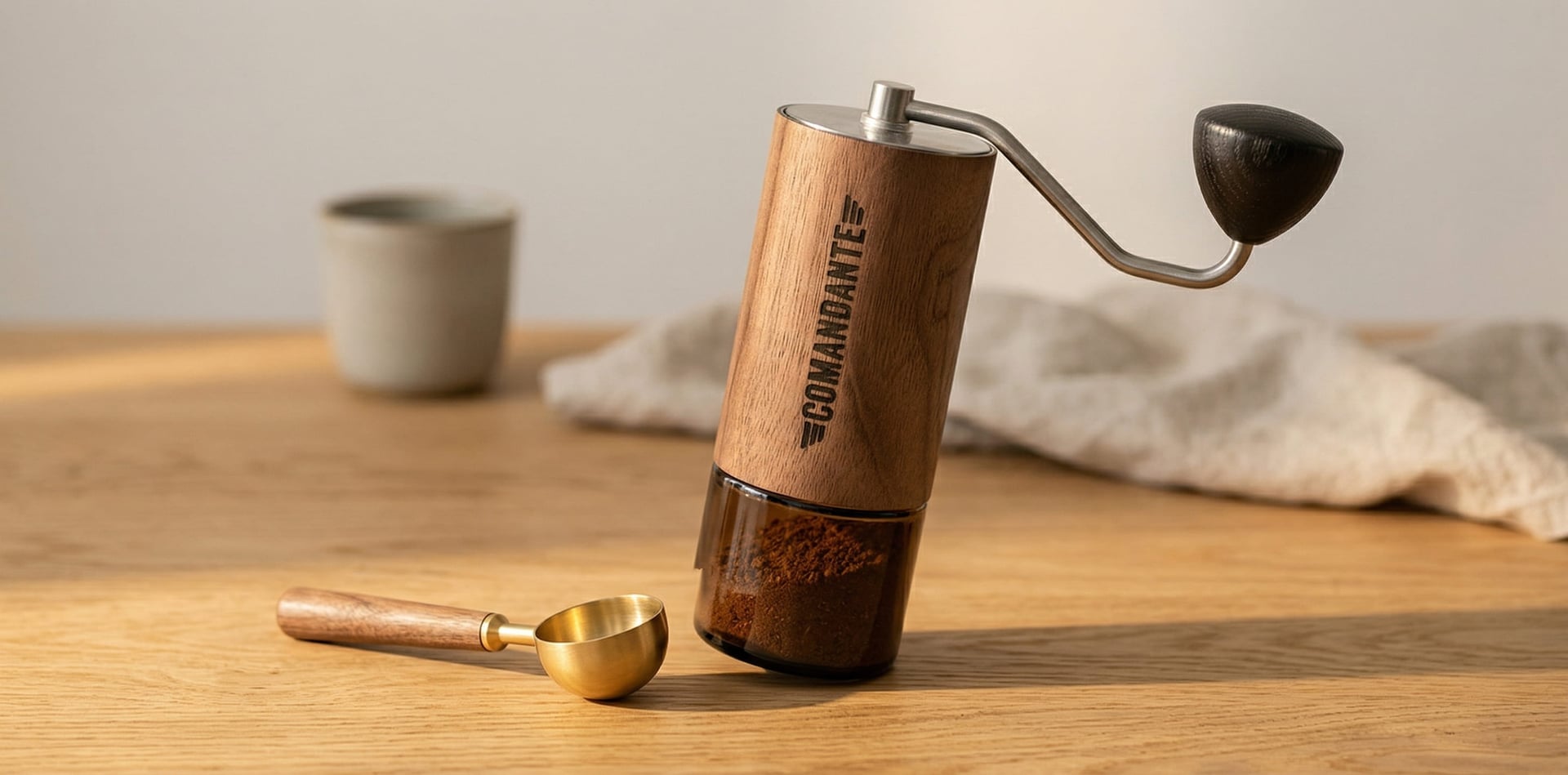 Comandante C40 premium walnut hardwood body clear glass catch jar German engineering build quality hand grinder material closeup