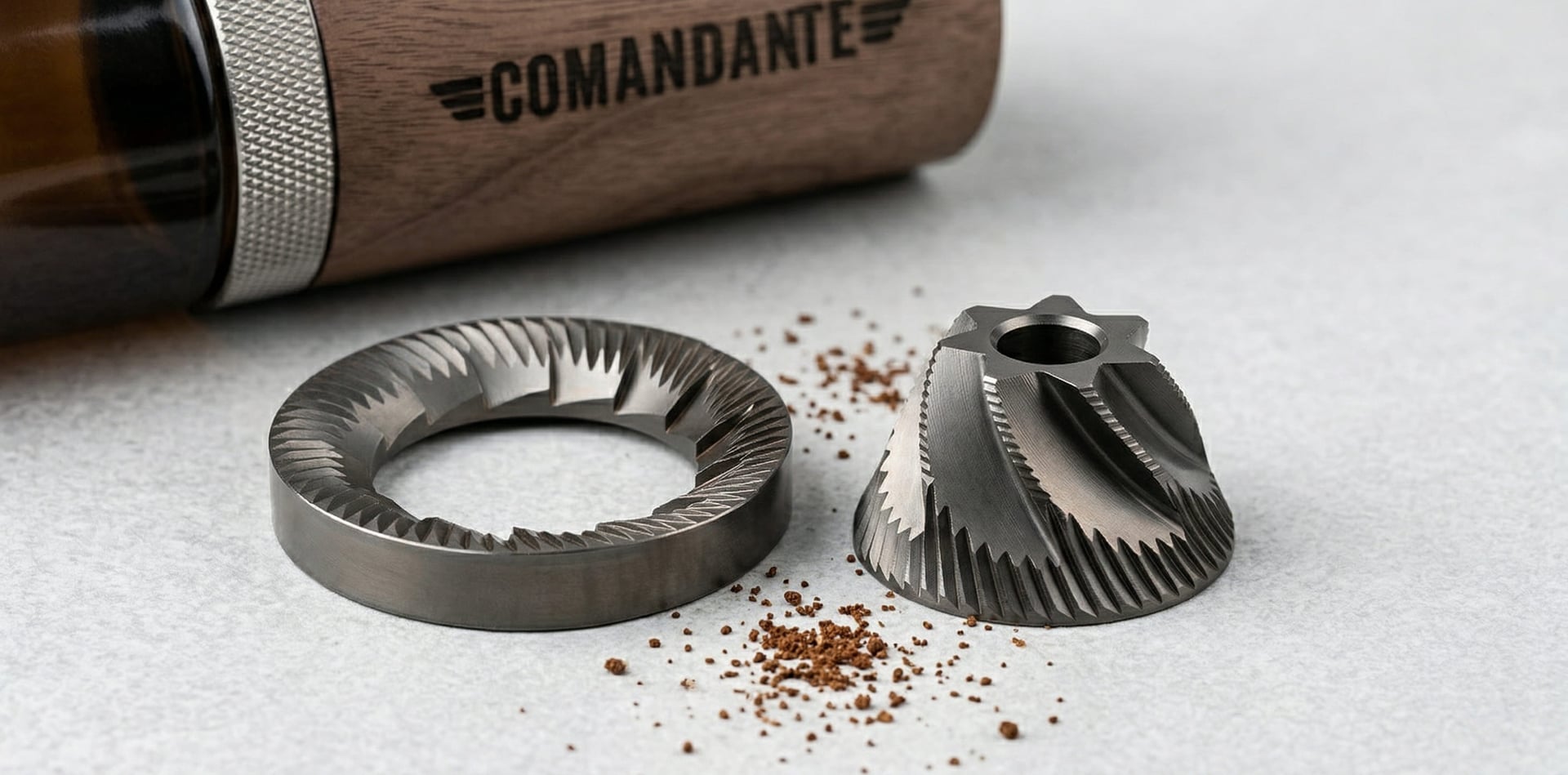 Comandante C40 Nitro Blade high-alloy stainless steel 39mm conical burrs nitrogen-treated edge retention premium hand grinder burr set disassembled