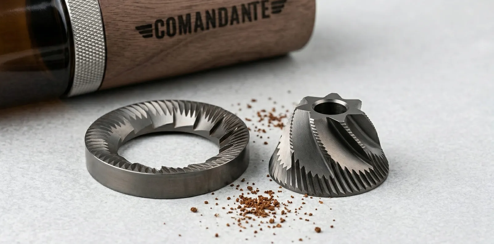 Comandante C40 Nitro Blade conical burrs shown disassembled from the grinder
