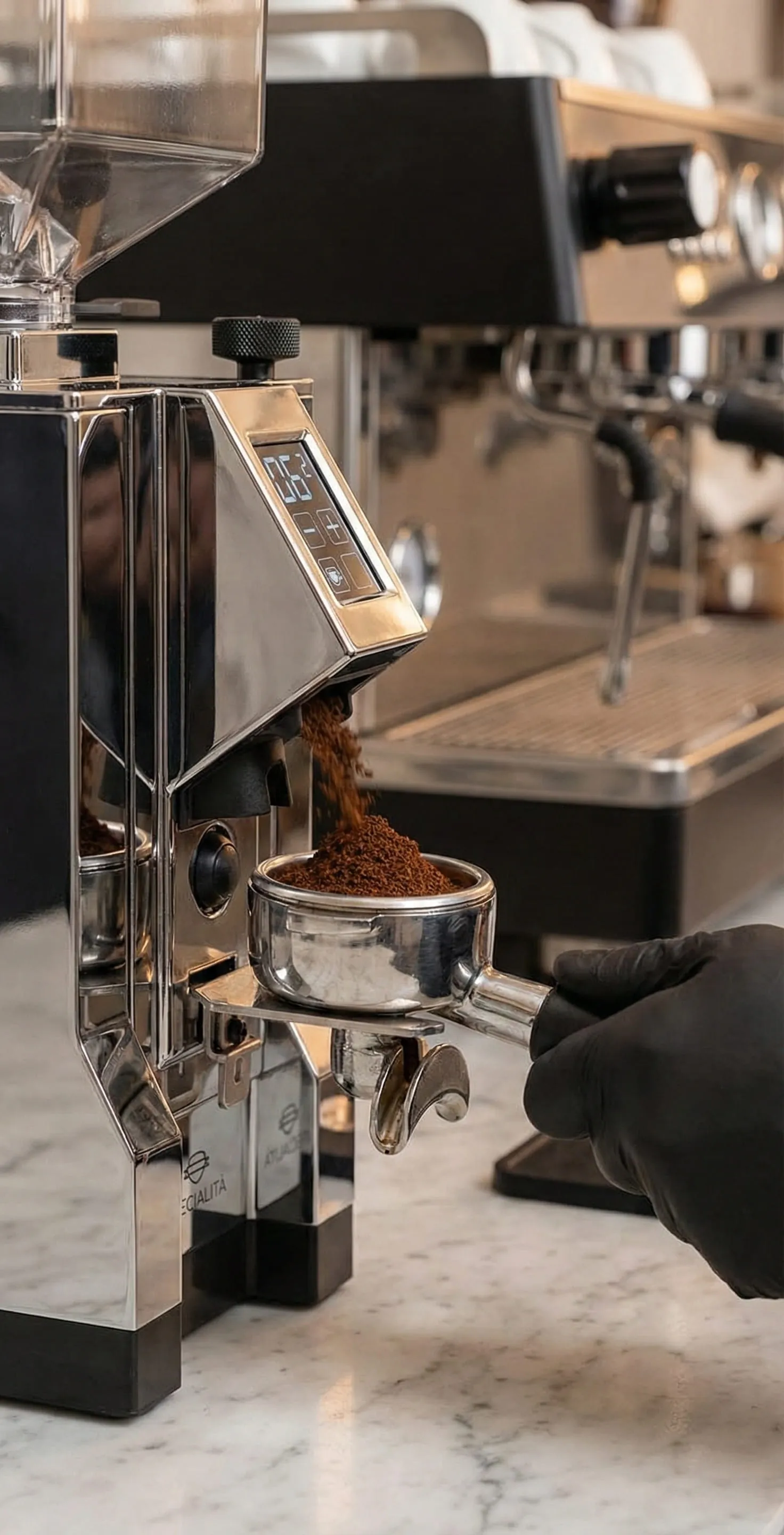 Eureka Mignon Specialita sitting on a counter to show its quiet motor housing during grinding