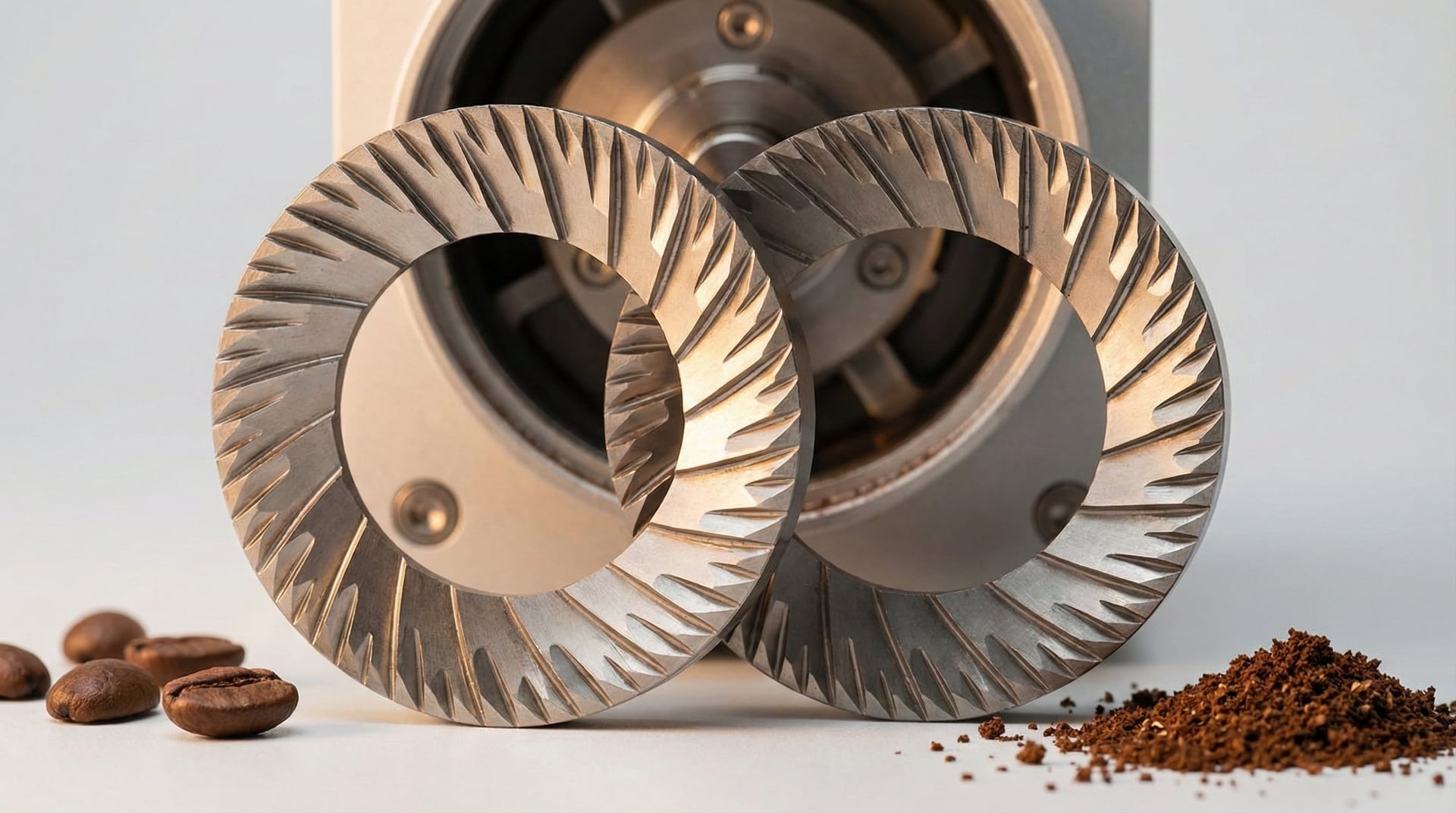 Fellow Ode Gen 2 64mm flat burr set close-up showing SPP-coated precision grinding surfaces for single dose workflow