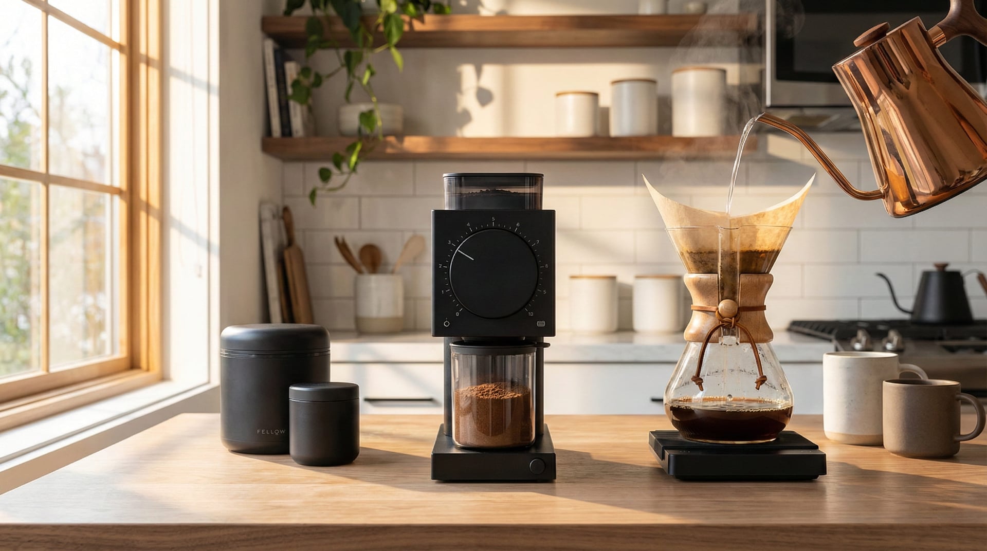 Fellow Ode Gen 2 brew grinder setup with Hario V60 dripper for filter coffee - low retention single dose grinder