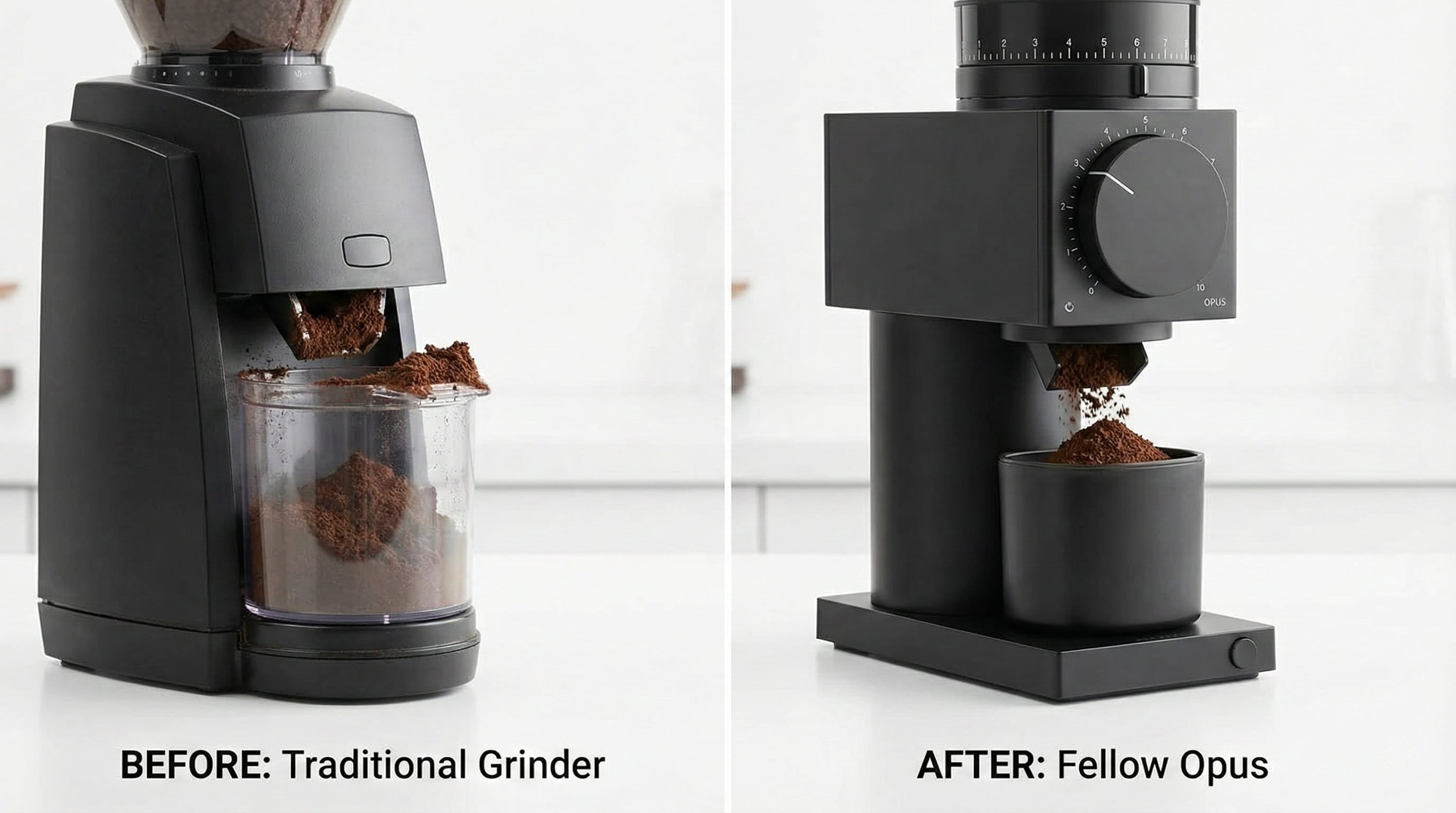 Fellow Opus grinder anti-static ionizer technology demonstration showing reduced coffee grounds retention and minimal mess on 41mm conical burrs all-purpose grinder
