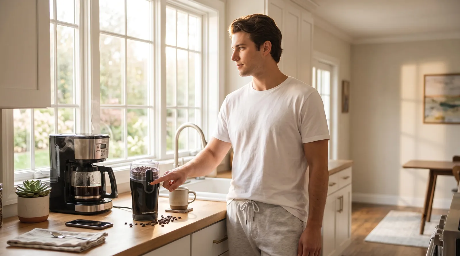 Hamilton Beach Fresh Grind in use during a home kitchen morning coffee routine