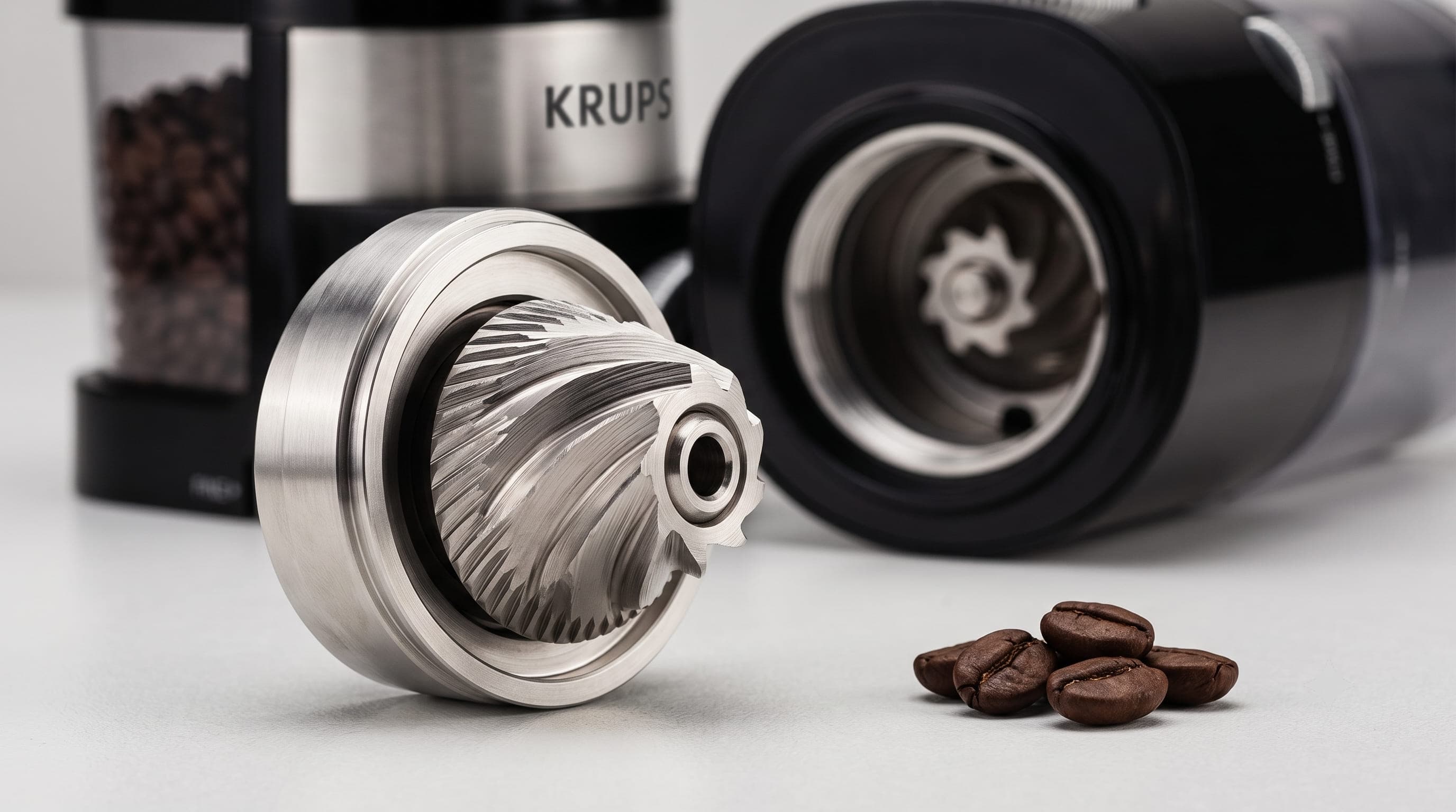 KRUPS Precision Burr Grinder stainless steel conical burr set in a close-up of the teeth