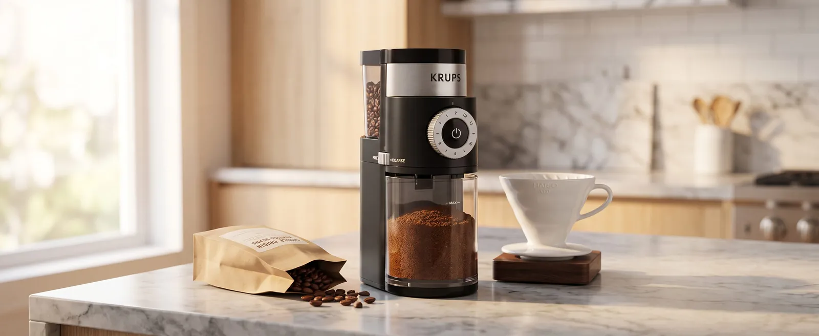 Krups Precision Burr Grinder on a clean kitchen counter beside a bag of whole beans