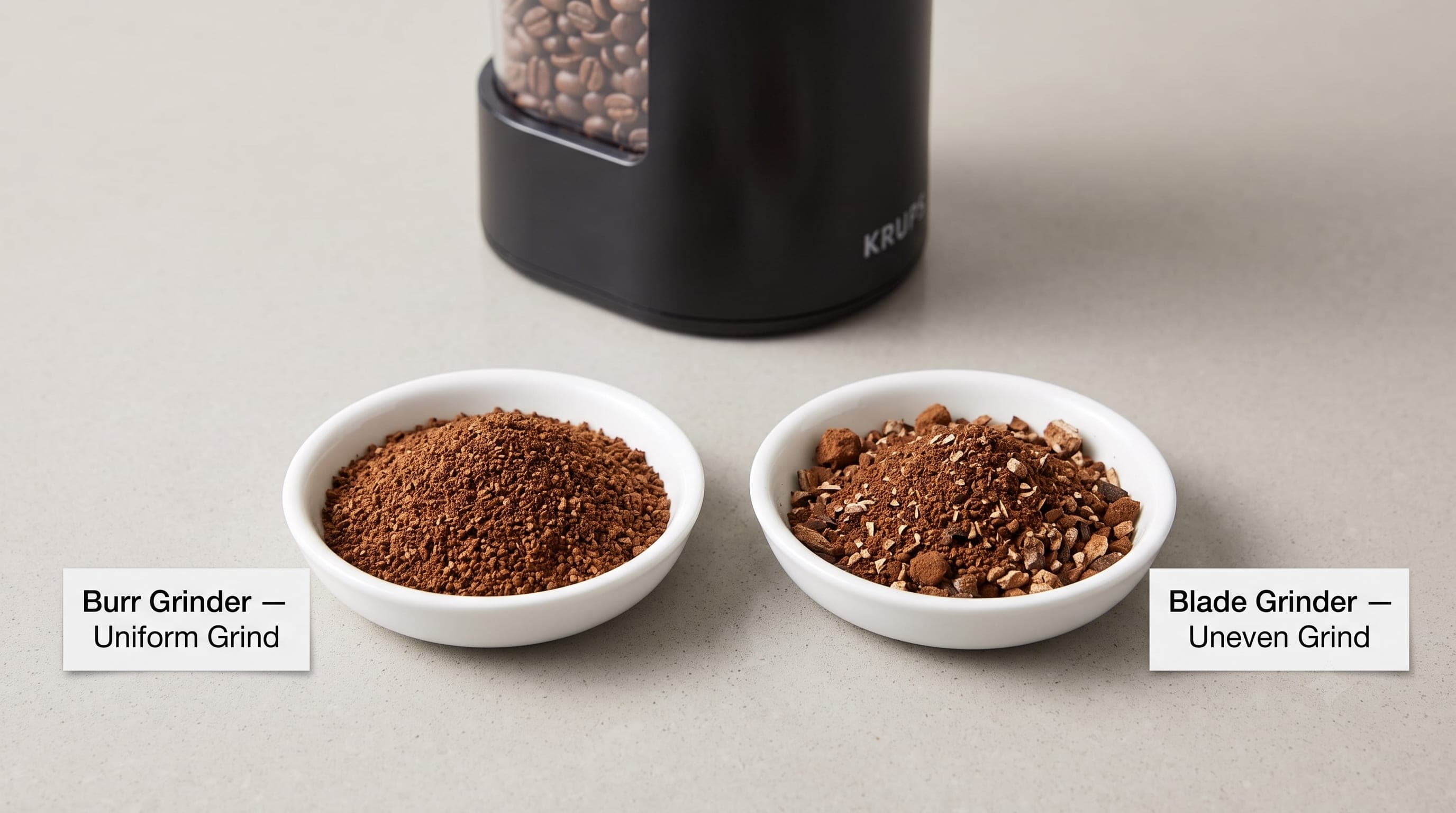 KRUPS Precision Burr Grinder ground coffee spread on a white surface showing particle size