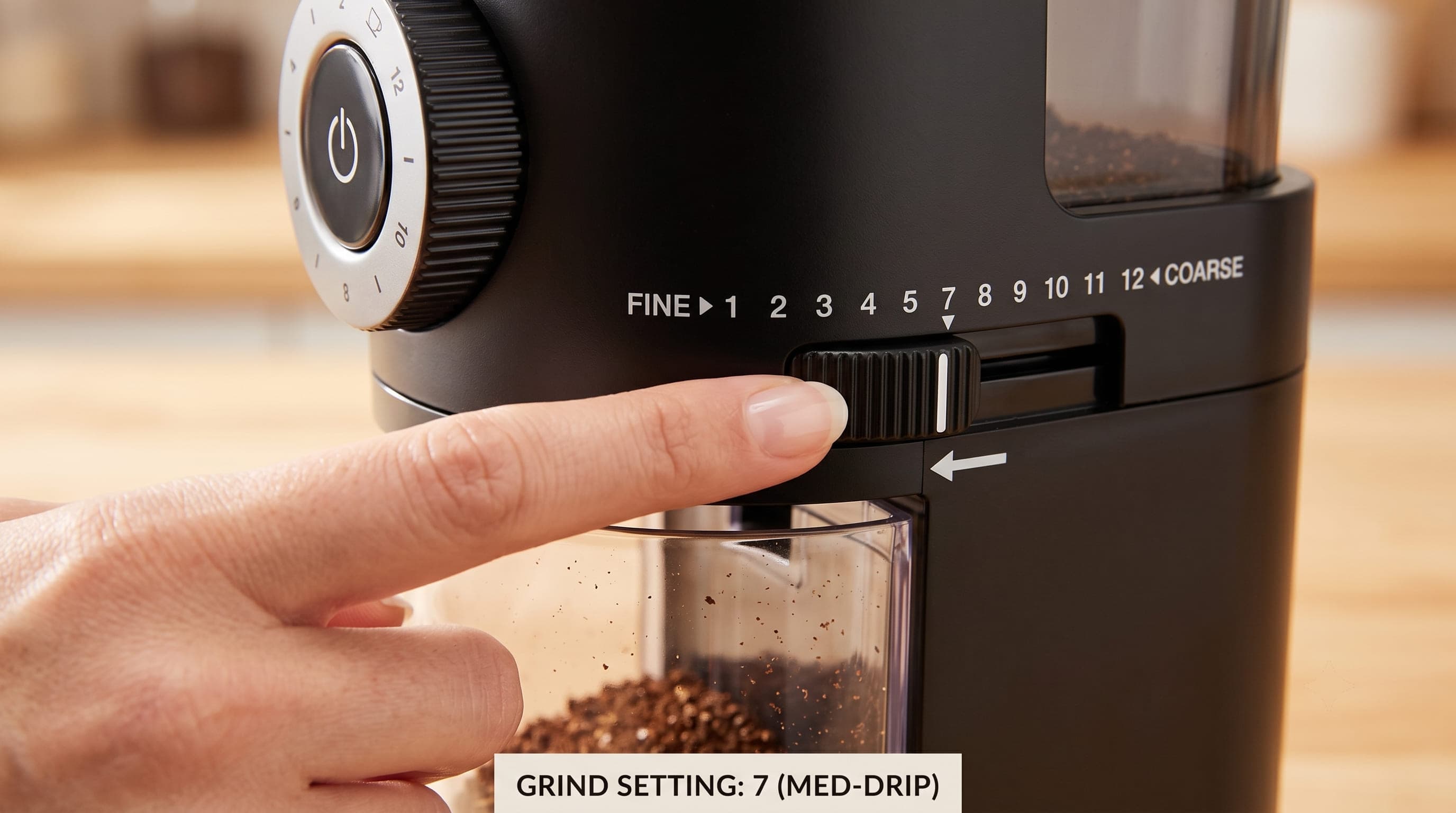 KRUPS Precision Burr Grinder dial showing the 12 grind settings from fine to coarse
