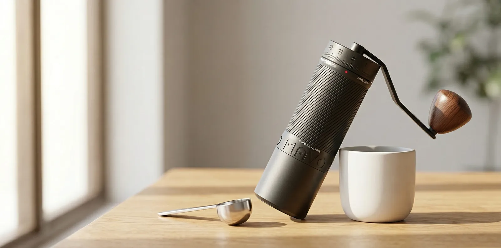 Mavo Phantox Pro beside a V60 dripper and gooseneck kettle in a brewing setup