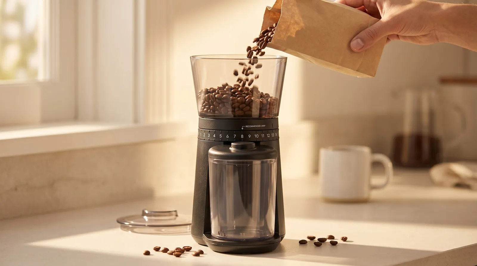Whole beans being poured from a kraft bag into the OXO Brew Grinder hopper on a counter