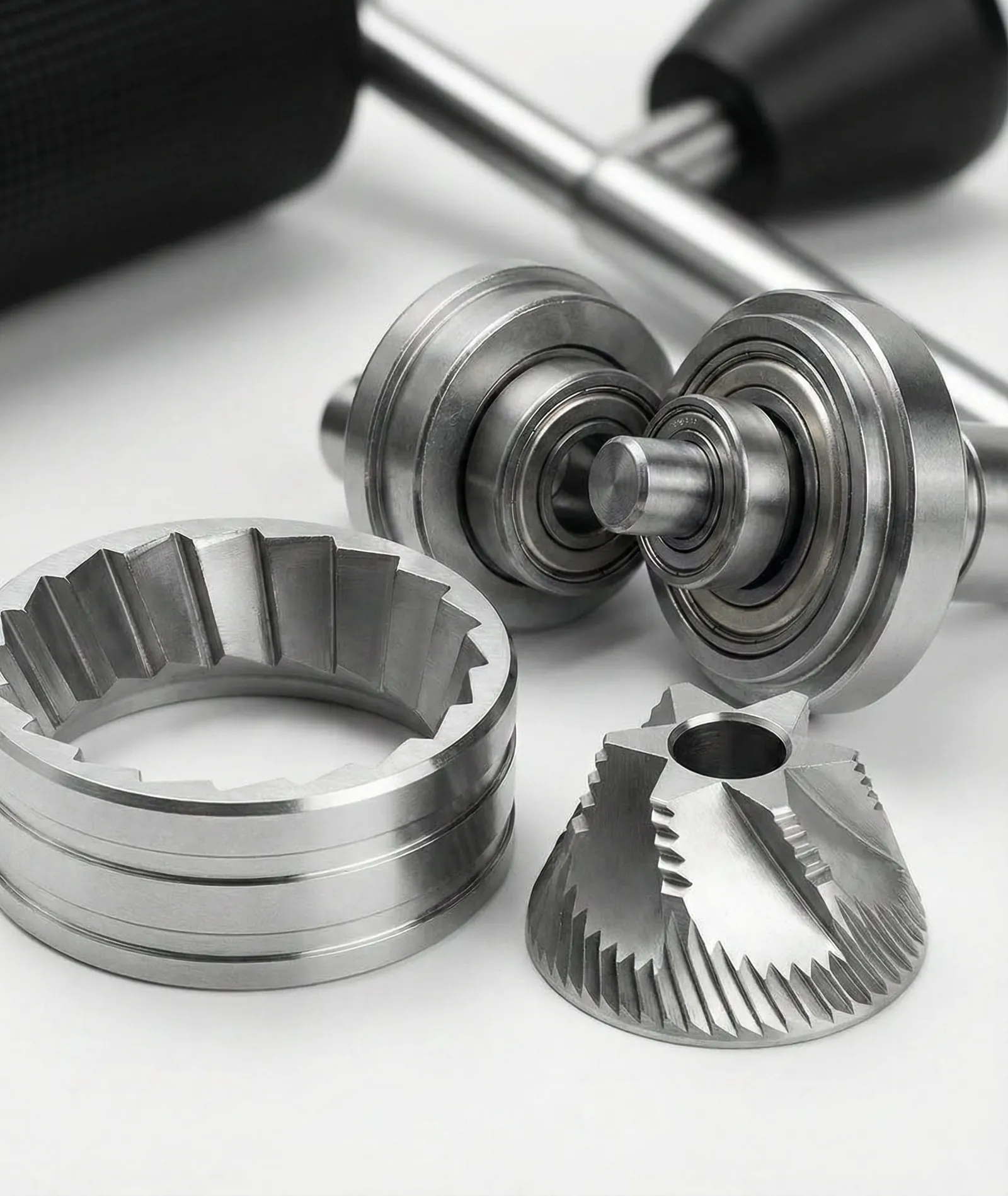 Timemore Chestnut C3 stainless steel conical burr set in a close-up of the grinding mechanism