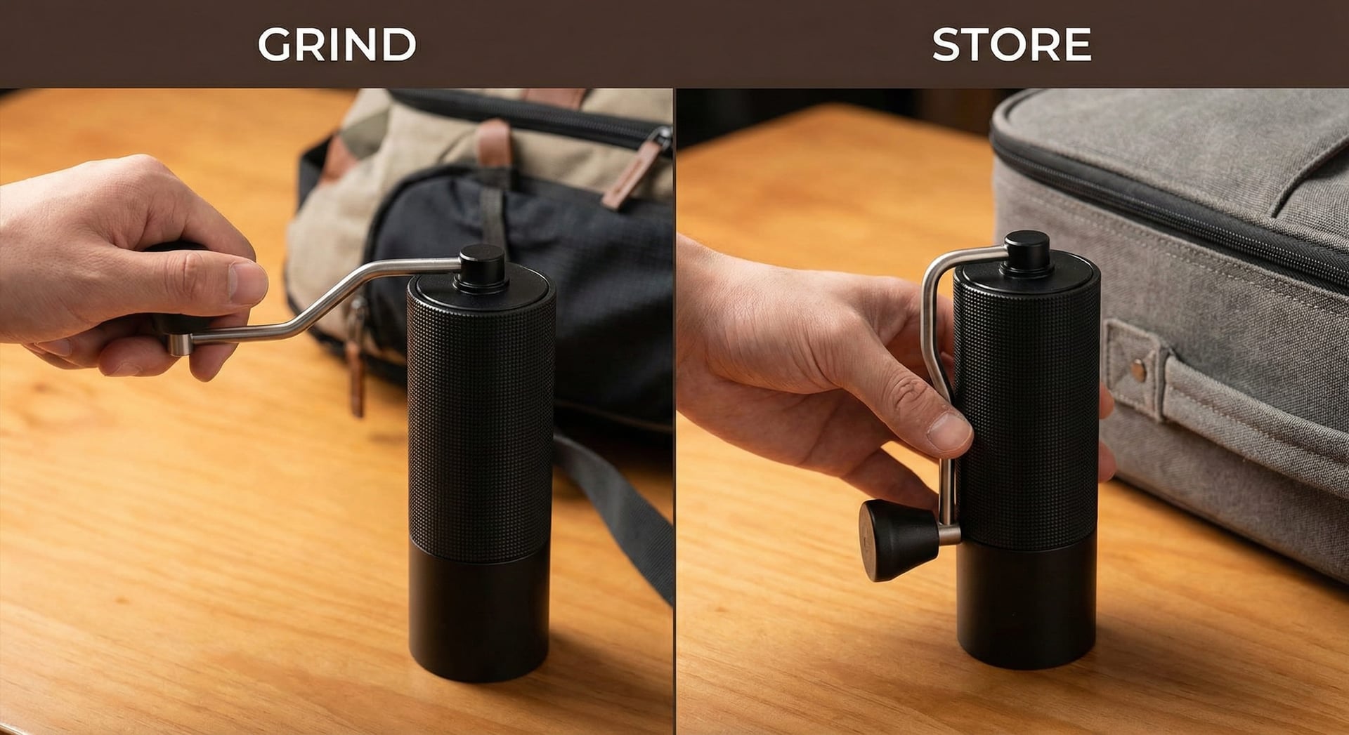 Timemore Chestnut C3 foldable handle compact travel grinder extended and folded positions portable manual coffee grinder for camping backpacking