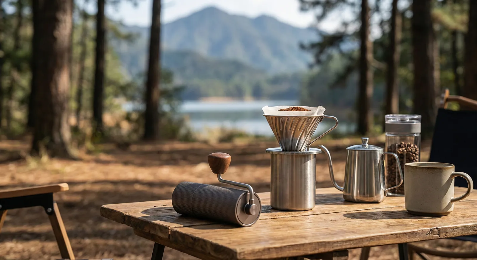 Timemore Chestnut C3 packed with a pour-over dripper in an outdoor travel brewing setup