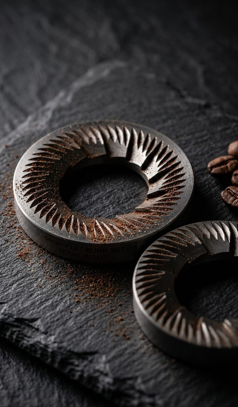 Turin DF64 Gen 2 64mm flat burr set removed from housing showing SSP-compatible precision machined burr geometry for espresso grinding