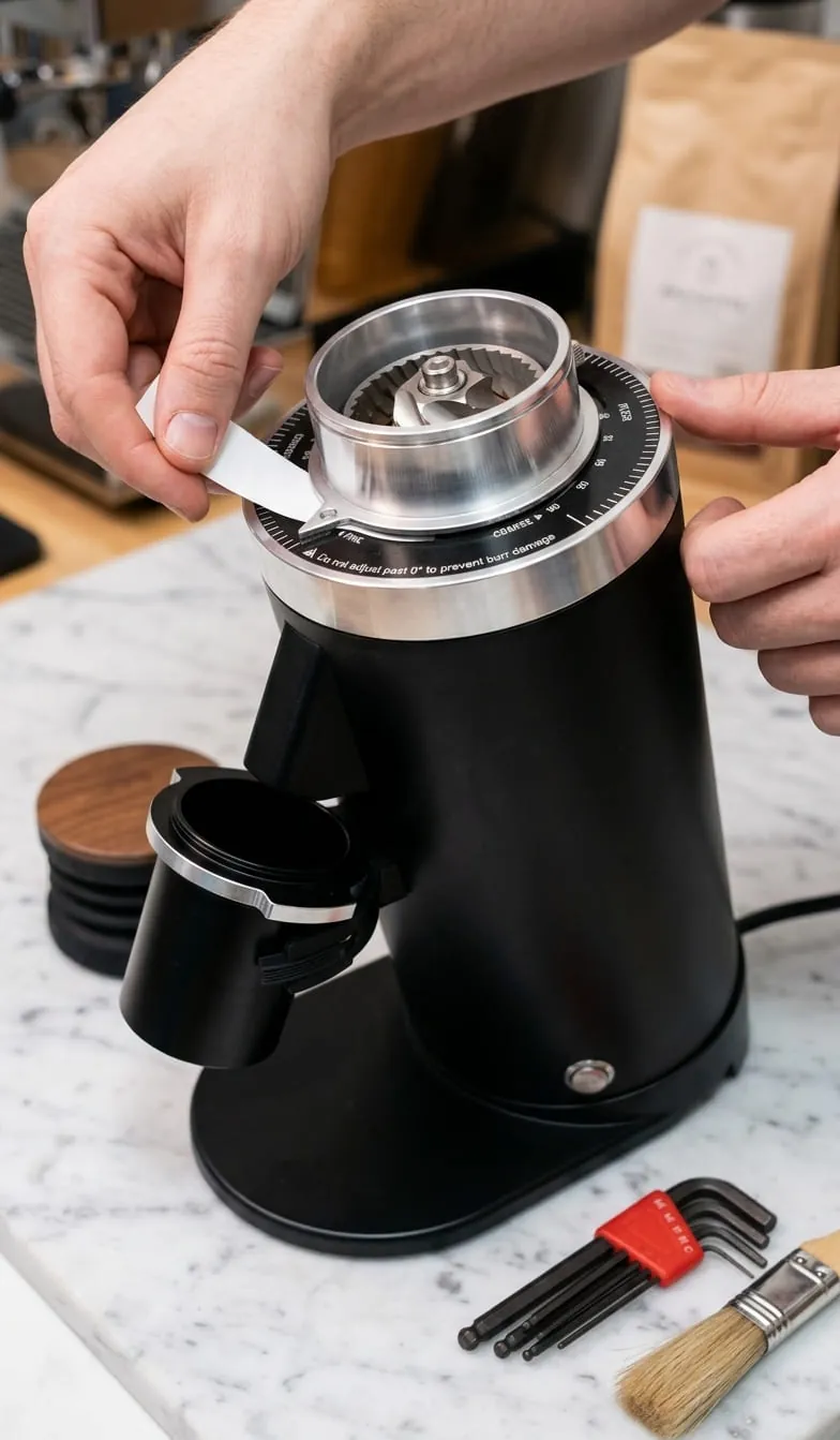 Turin DF64 Gen 2 burr alignment being checked during a factory-style inspection