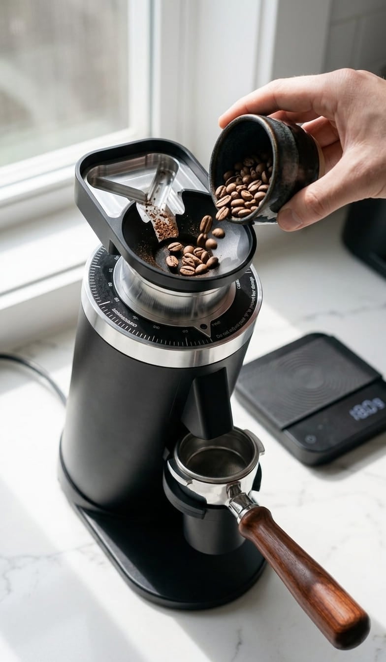 Turin DF64 Gen 2 single dose tray design closeup showing updated chute and catch cup system for zero retention single-dose espresso workflow