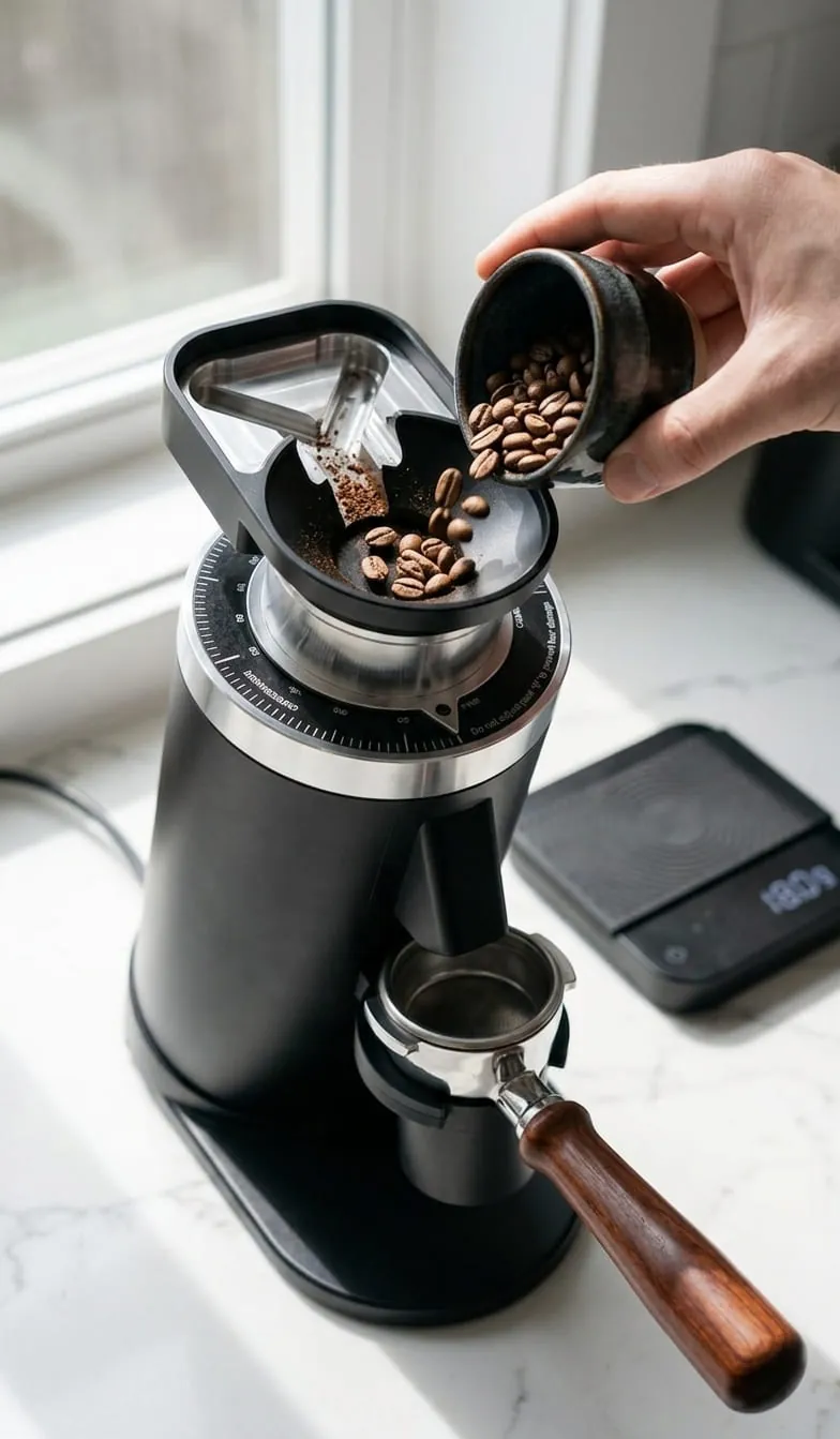 Turin DF64 Gen 2 single dose tray and catch cup shown in a close-up of the chute