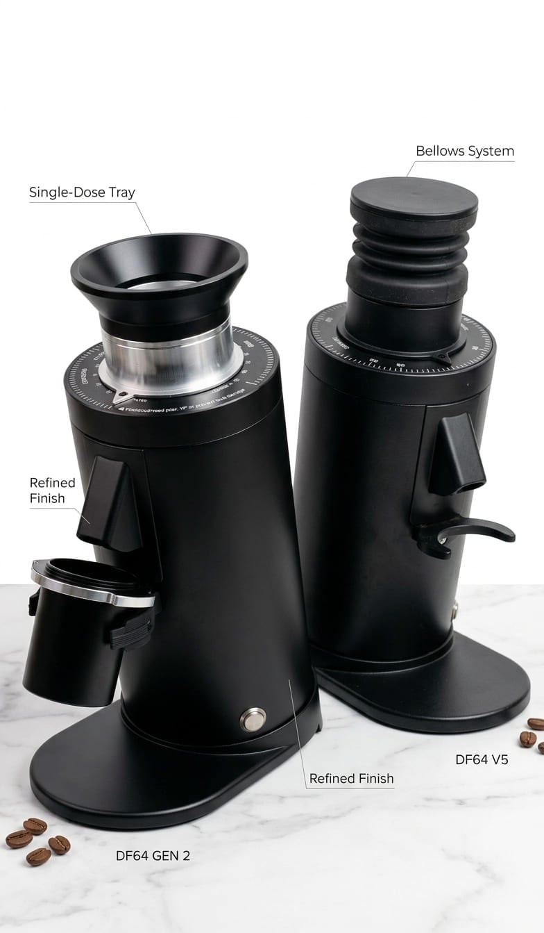 Turin DF64 Gen 2 vs V5 comparison showing single-dose tray upgrade, updated anti-static ionizer placement, and refined build quality improvements