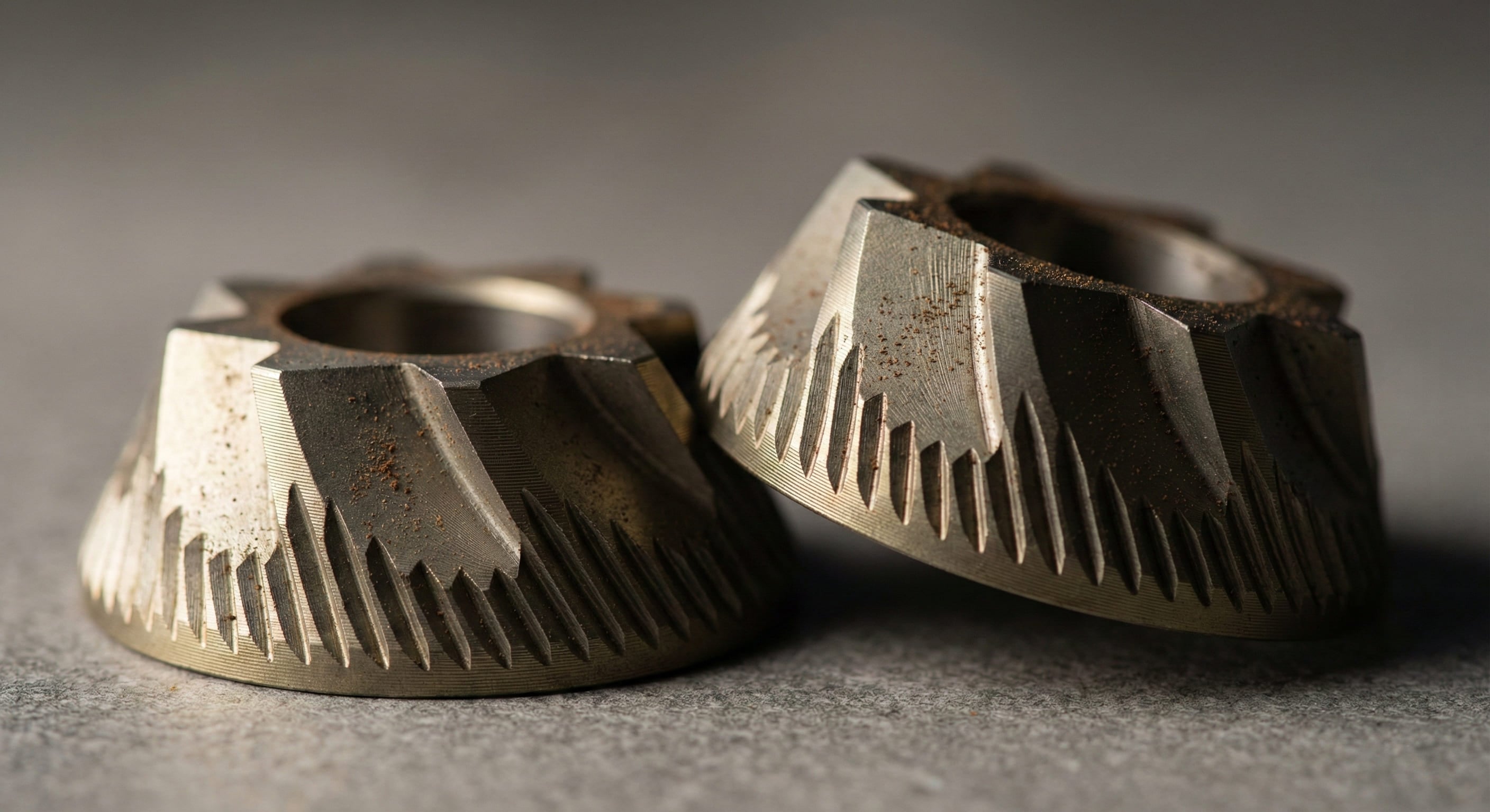Close-up of Turin DF64 V5 64mm flat burr set with declumper screen showing commercial-grade burr geometry for espresso grinding