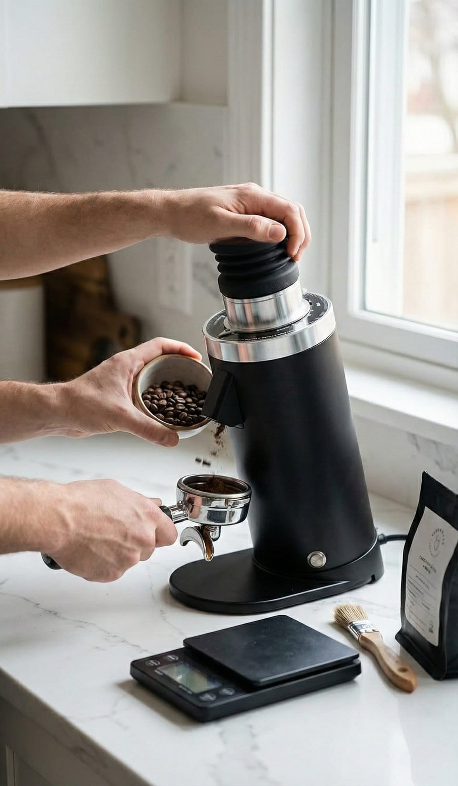 Turin DF64 V5 single-dose hopper and bellows system with specialty coffee beans demonstrating zero-retention workflow for bean rotation