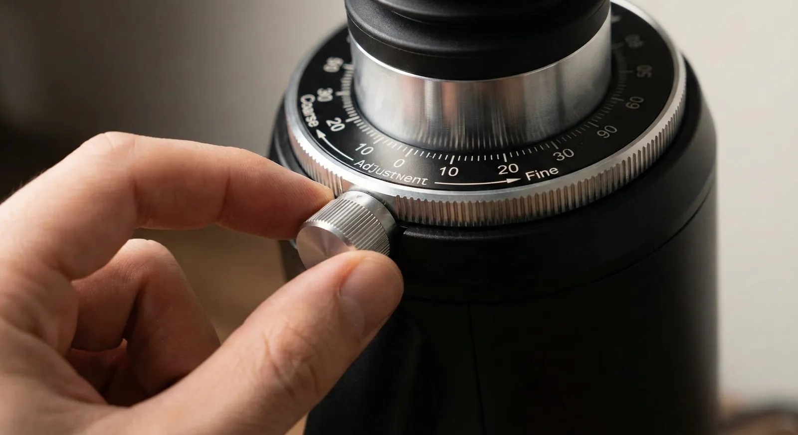 Turin DF64 V5 stepless adjustment dial being set for espresso grind size