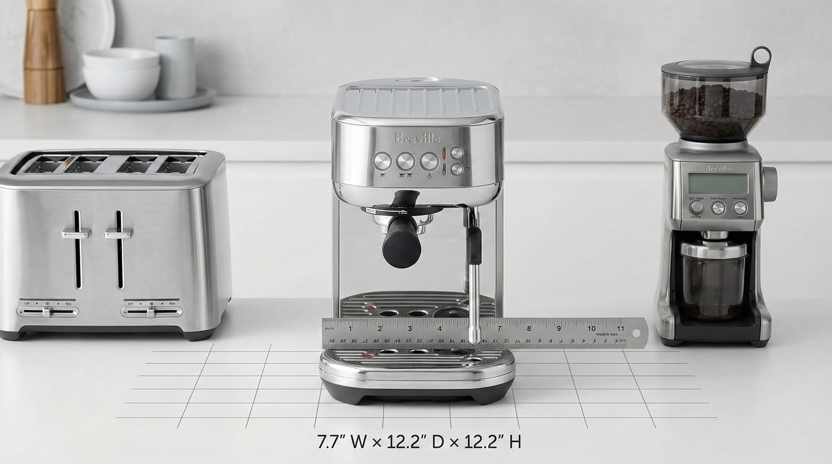 Breville Bambino Plus ultra-compact 7.7-inch width fitting small apartment kitchen counters and tight spaces