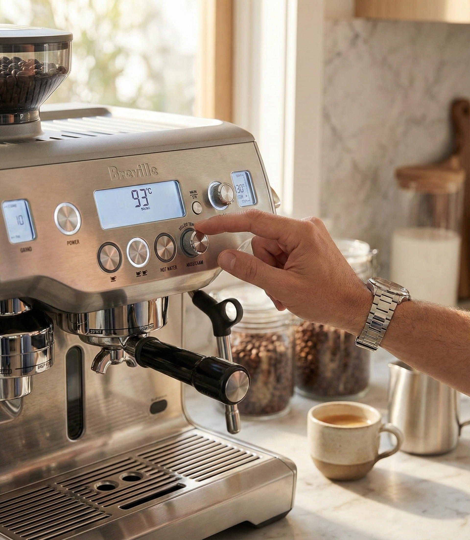 Breville Oracle dual digital temperature displays showing independent PID control for brew boiler and steam boiler precision