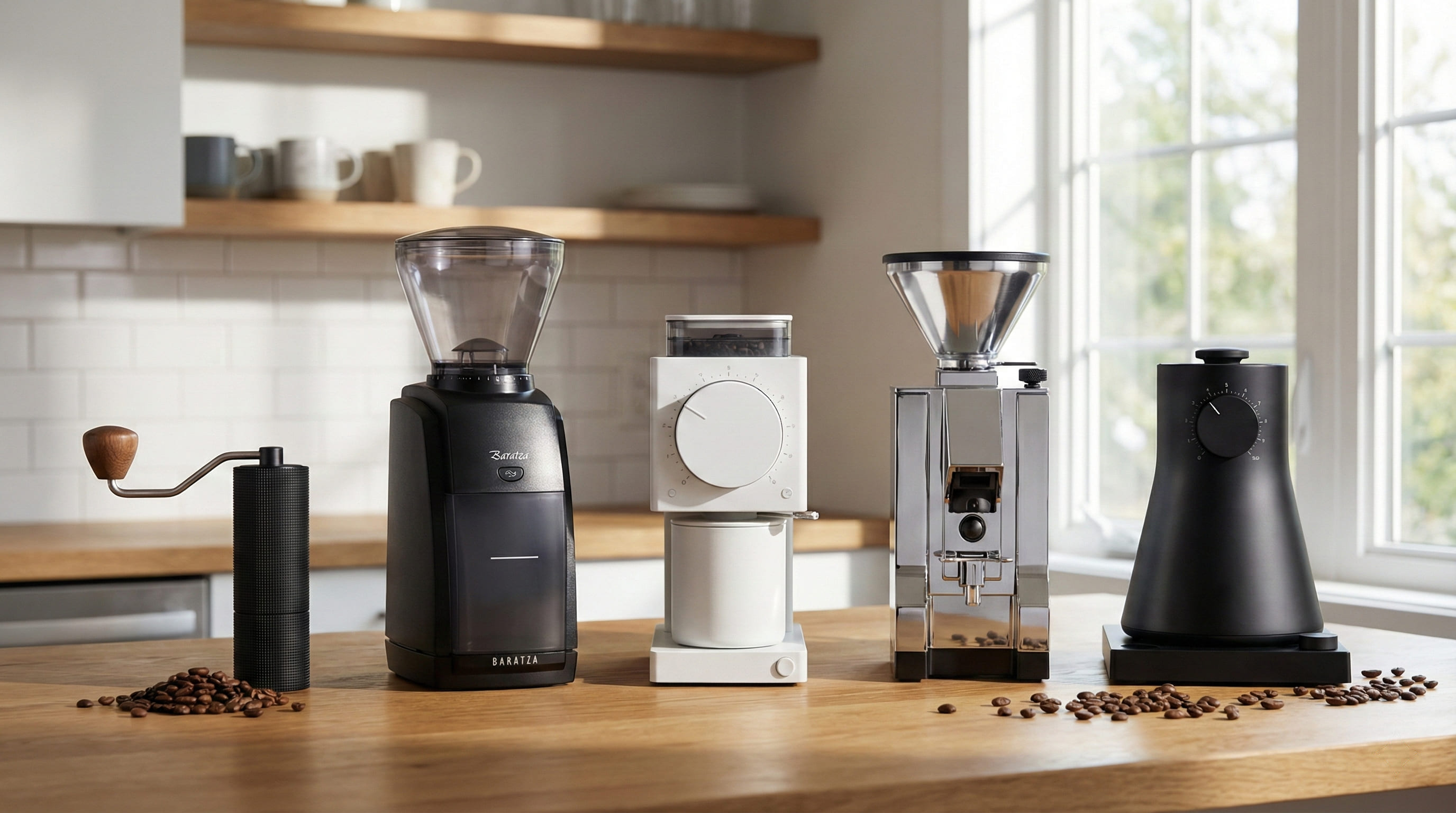 Comprehensive coffee grinder comparison lineup showing eight premium grinders ranging from manual hand grinders to electric burr grinders, variety of burr types including 48mm to 64mm flat and conical burr sets, grind adjustment systems from 25 to 60 settings, price tiers from $100 budget-friendly to $400+ prosumer models, feature comparison including motor specifications, burr geometry, retention design, particle distribution capabilities, from SCA-certified Q Grader hands-on testing protocols measuring extraction quality and grind consistency across 100+ grinder evaluations