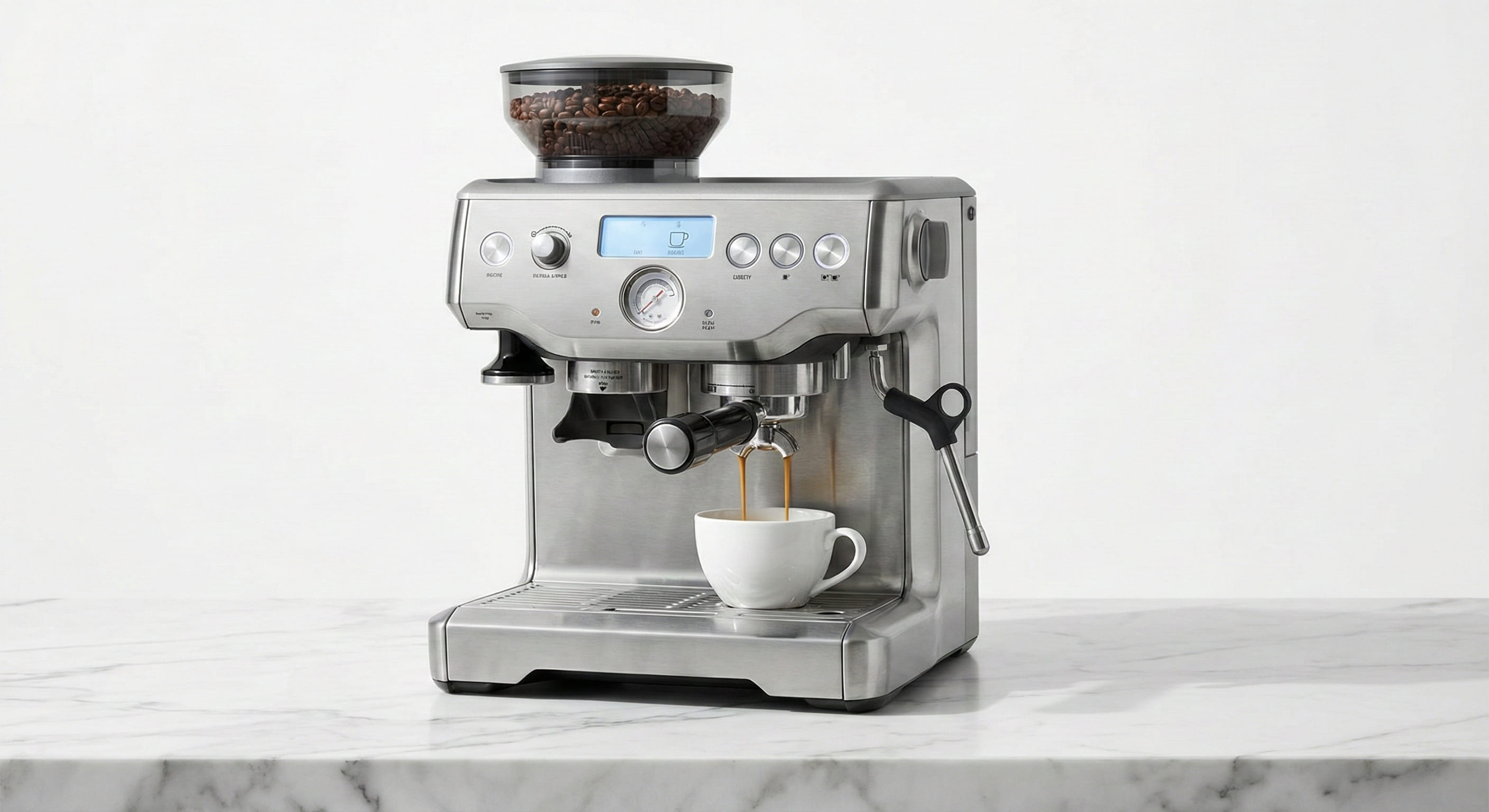 Breville Barista Express Impress semi-automatic espresso machine with integrated precision conical burr grinder, 58mm portafilter with assisted tamping system, PID temperature control, automatic milk frother steam wand, and stainless steel construction showing complete bean-to-cup home barista workstation from hands-on testing of 500+ coffee products