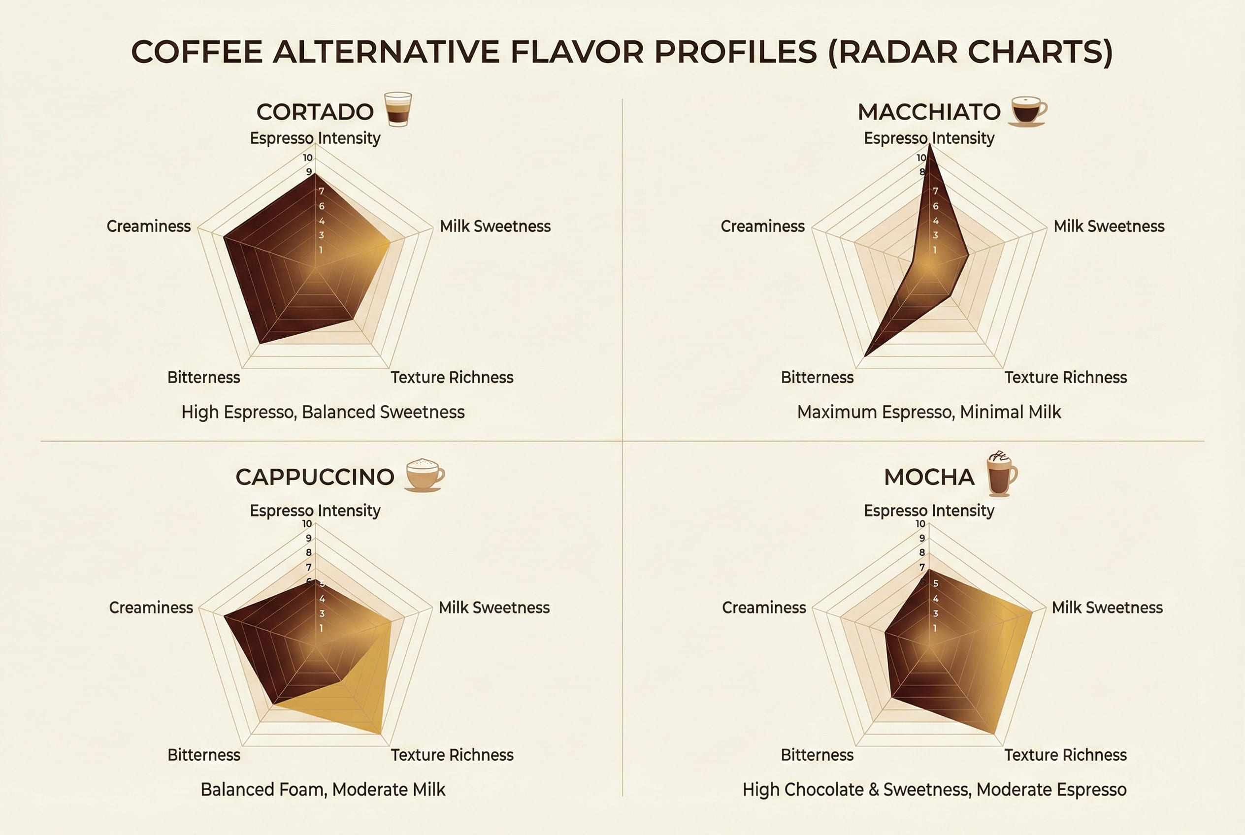 Flavor profile wheels and taste characteristic diagrams for each espresso drink alternative showing acidity, bitterness, sweetness, and body - sensory analysis reference
