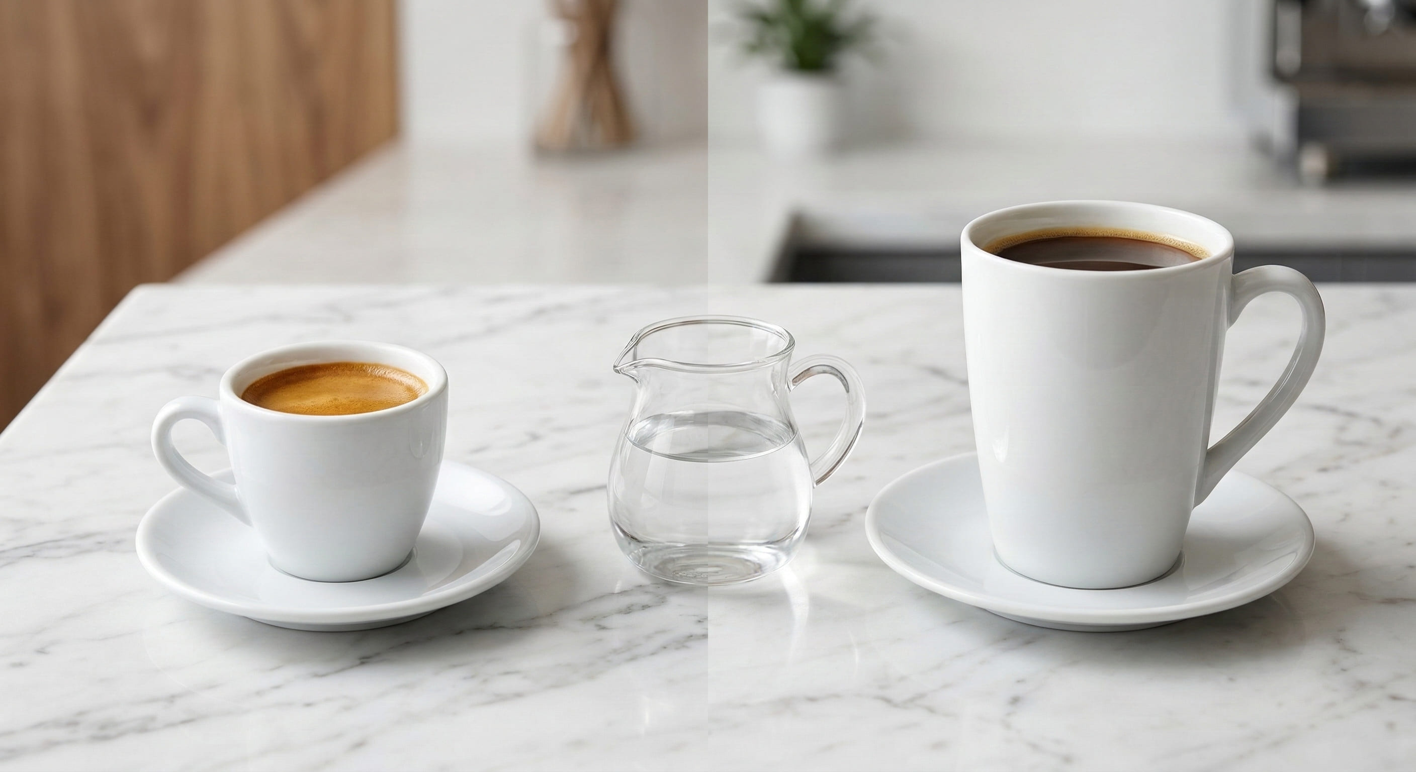 Side-by-side barista comparison of americano coffee and espresso on a white marble counter — double espresso in demitasse cup on left, black americano in tall ceramic mug on right