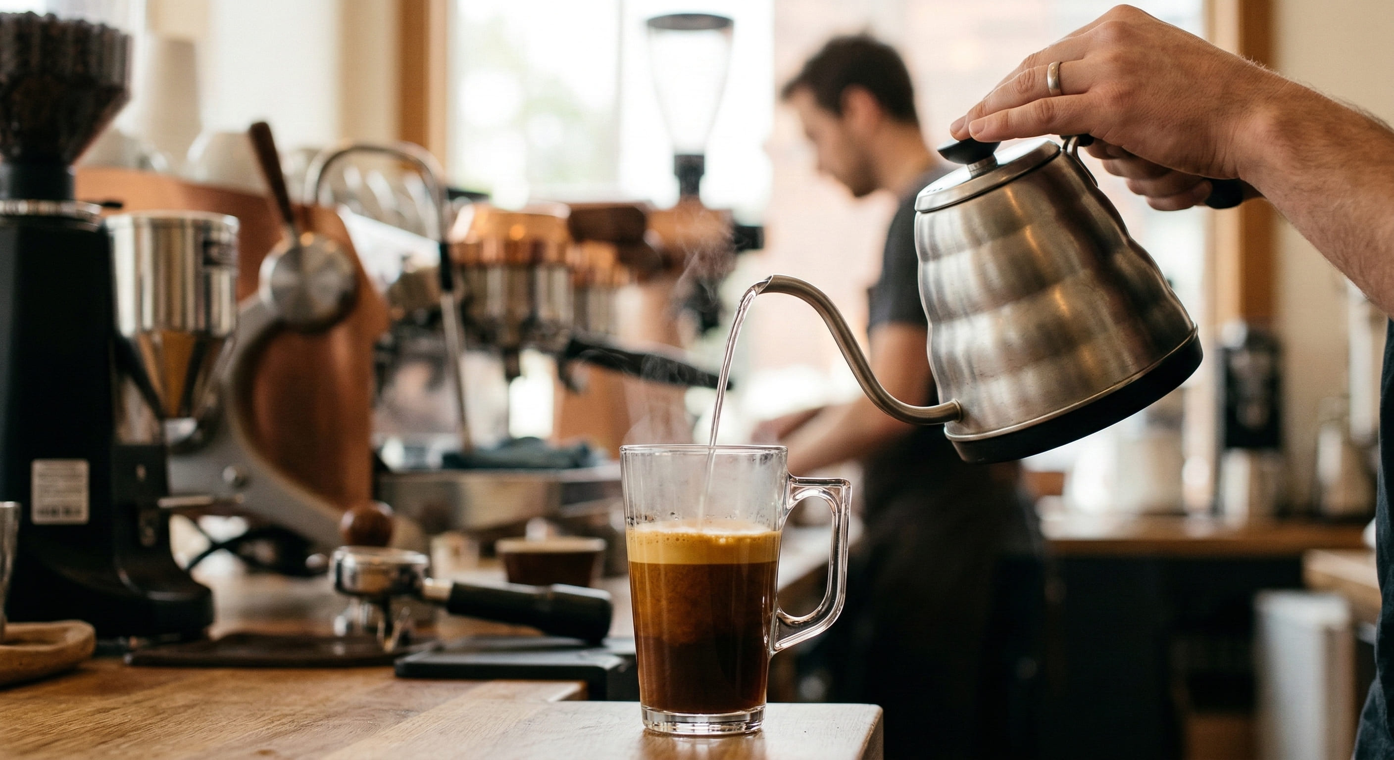 Barista pouring hot water from a gooseneck kettle into a clear glass mug containing a double espresso shot — americano coffee preparation showing the water-under espresso technique to preserve crema