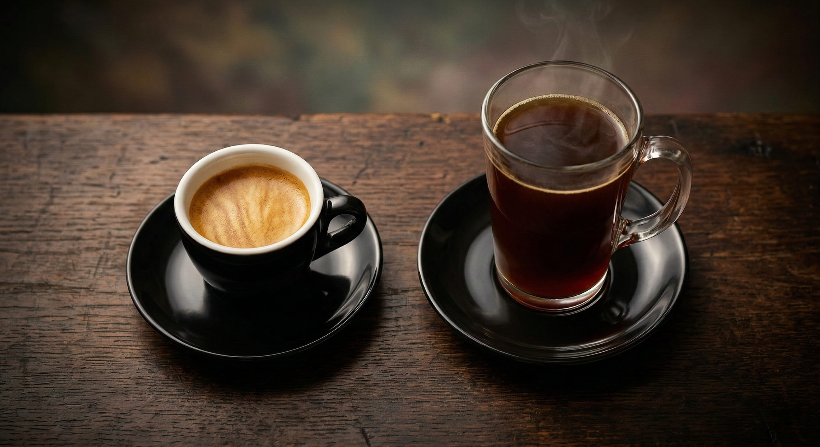Side-by-side comparison of a double espresso in a demitasse cup and a tall americano coffee in a glass mug on a dark espresso-stained bar counter