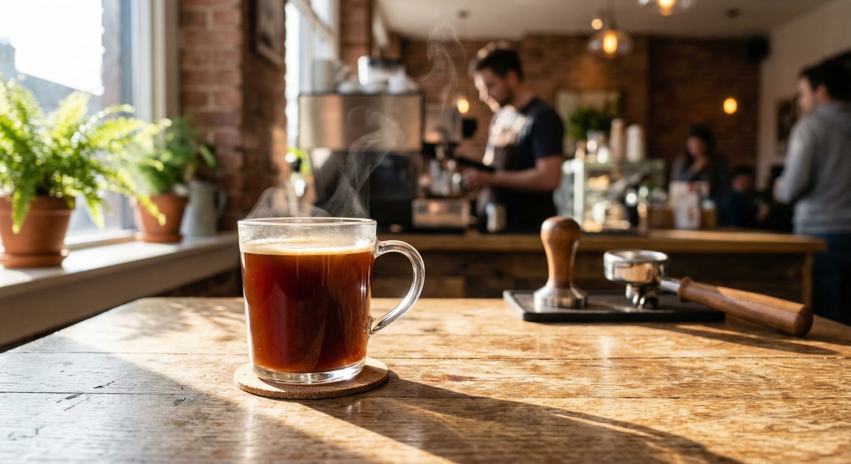 Black americano coffee in a clear glass mug on a wooden café table — deep amber espresso colour, no milk, morning sunlight, specialty coffee bar background