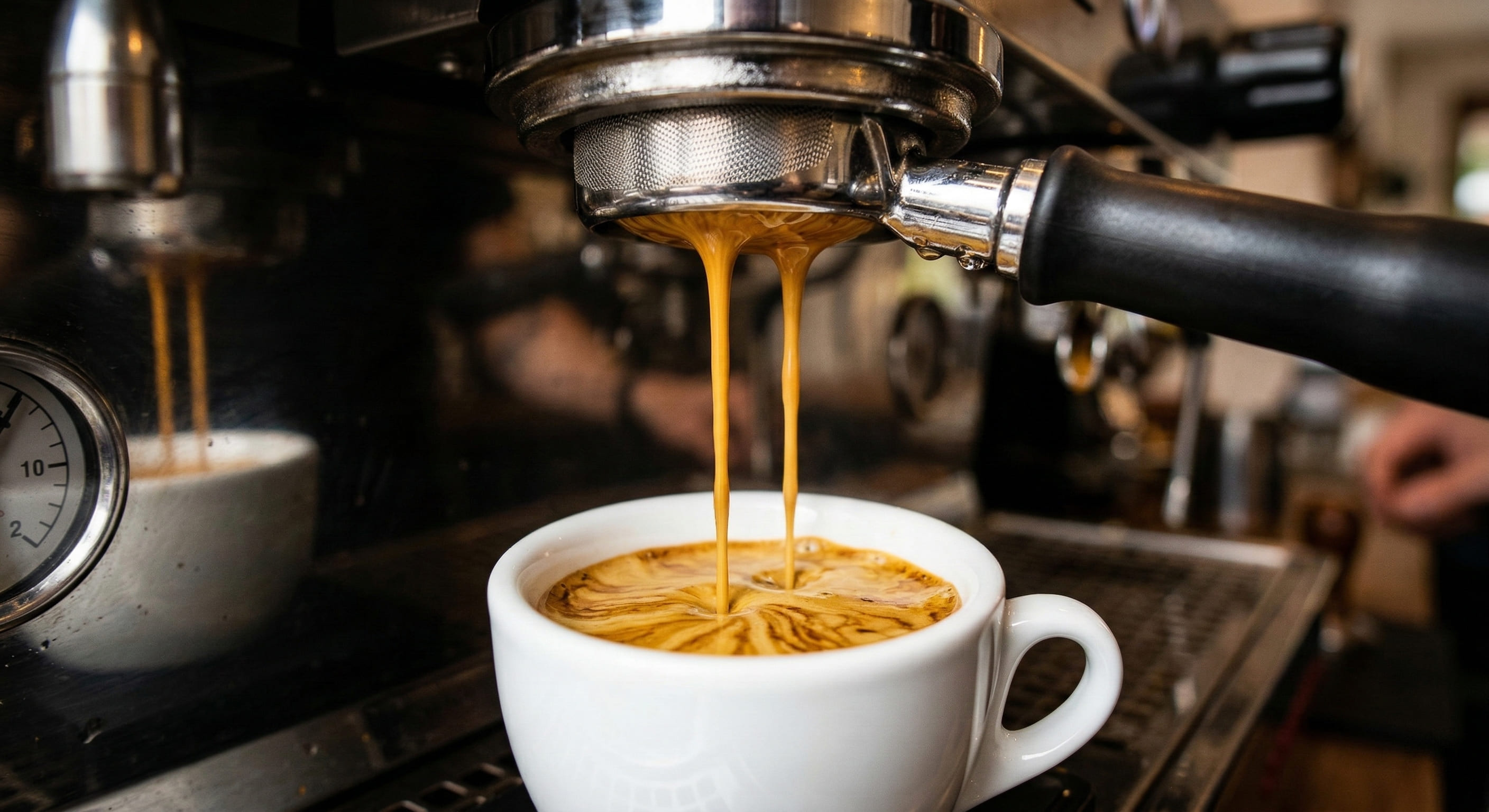 Close-up of double espresso extraction from a portafilter basket showing honey-coloured coffee streams flowing into a demitasse cup with golden crema forming — illustrating espresso concentration and extraction