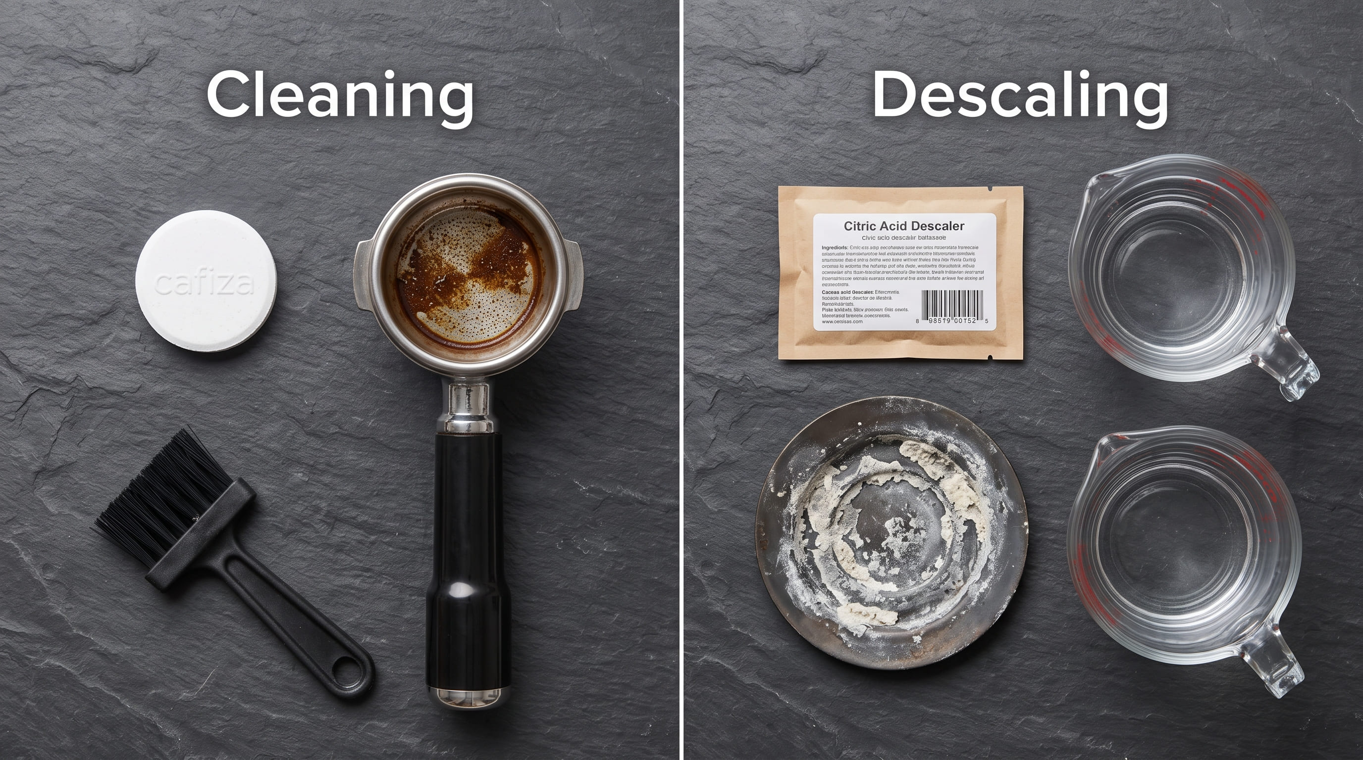 Side-by-side comparison of coffee machine cleaning tablets (for coffee oil) versus descaling solution (for limescale) — showing the difference between the two products