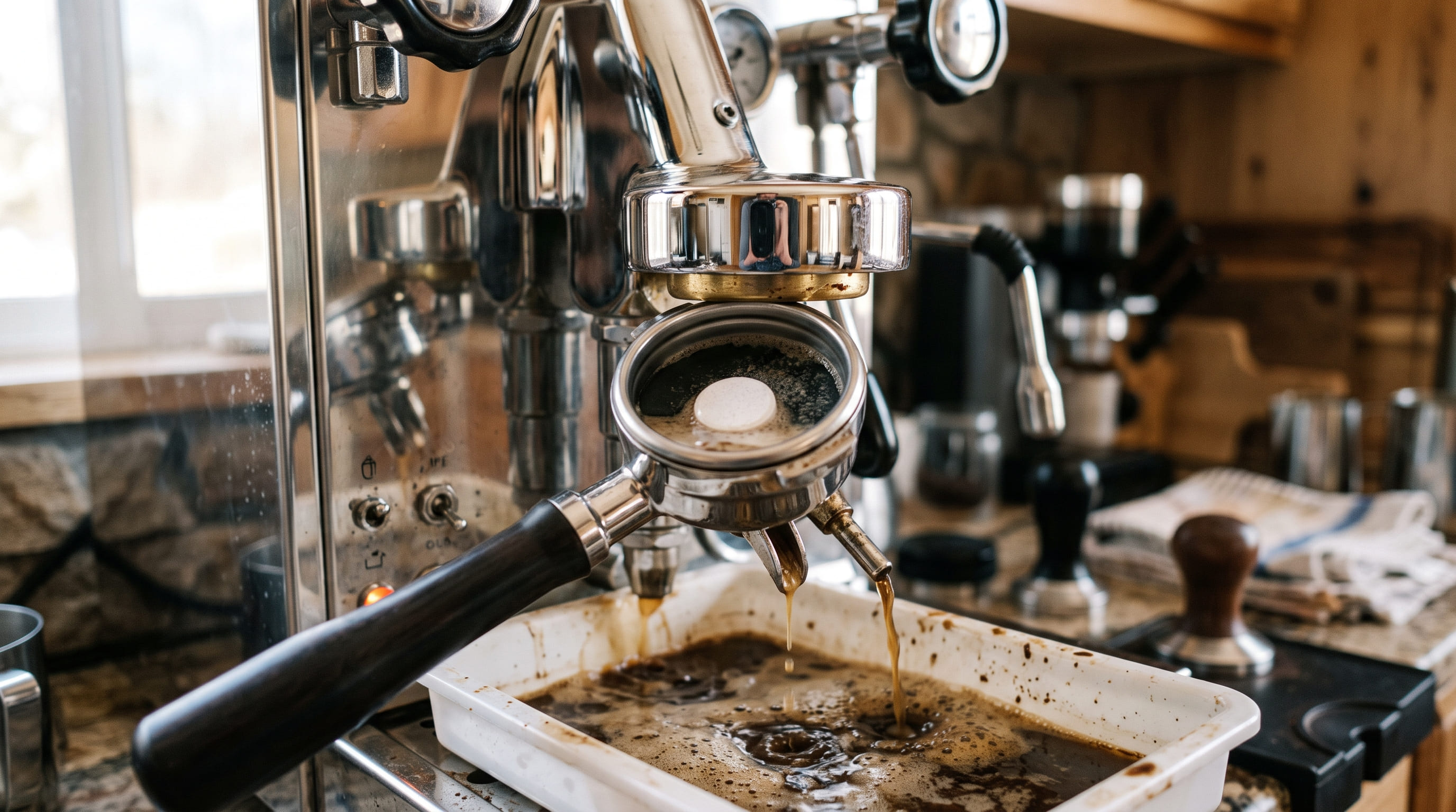 Espresso machine backflushing with a Cafiza cleaning tablet in blind basket — brown dissolved coffee oil draining into drip tray during group head cleaning cycle