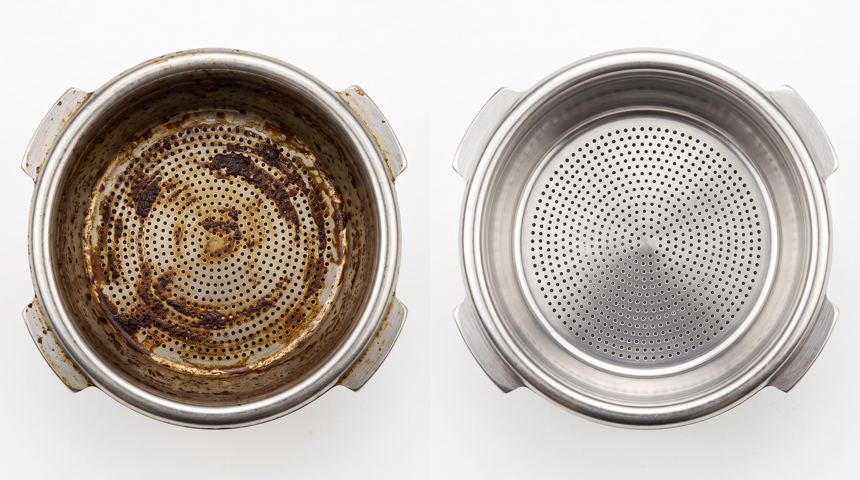 Portafilter basket before and after cleaning with Cafiza tablet — left basket coated in dark rancid coffee oil, right basket gleaming clean stainless steel after soak