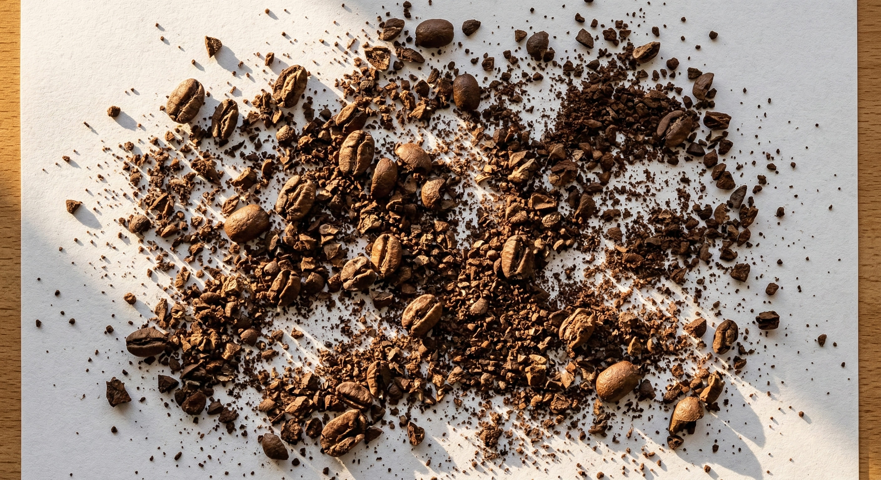 Macro photograph of blade-ground coffee showing chaotic inconsistent particle sizes — extreme fines mixed with coarse chunks showing poor grind consistency from blade grinder
