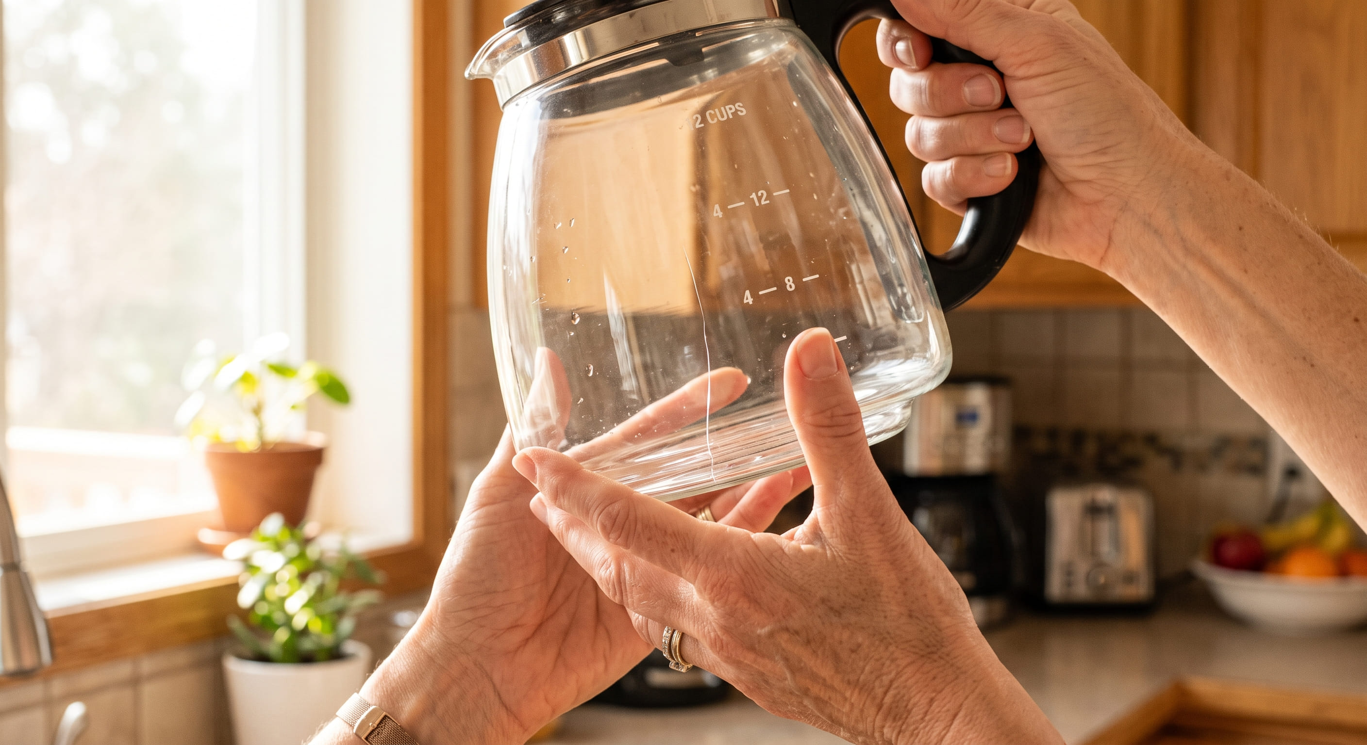 Person holding a glass coffee carafe up to bright window light inspecting for hairline cracks along the base seam — visual check for a cracked carafe causing coffee maker to leak