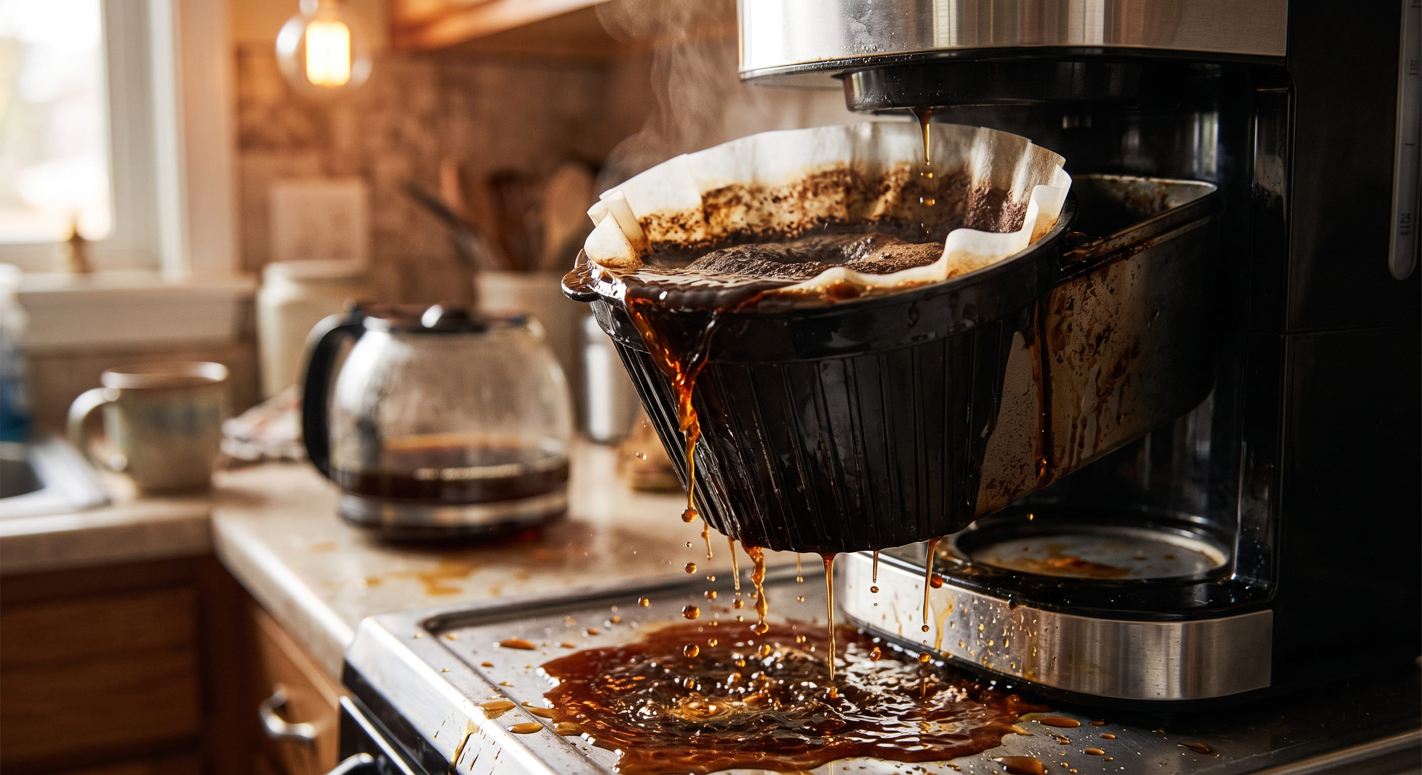 Drip coffee maker filter basket overflowing with brewed coffee spilling over the rim onto the warming plate — caused by overfilled coffee grounds and clogged drain holes