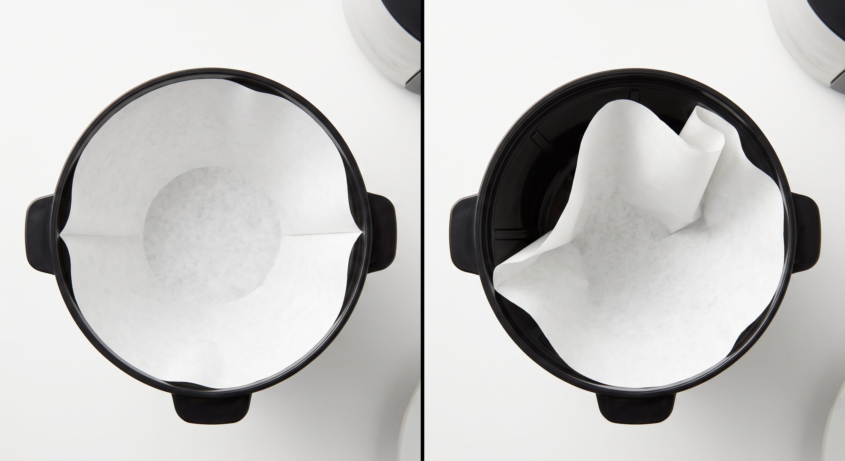 Hands pressing a paper coffee filter flat against the sides of a drip coffee maker basket, ensuring no folded edges block drainage — correct filter placement to prevent filter basket leaks